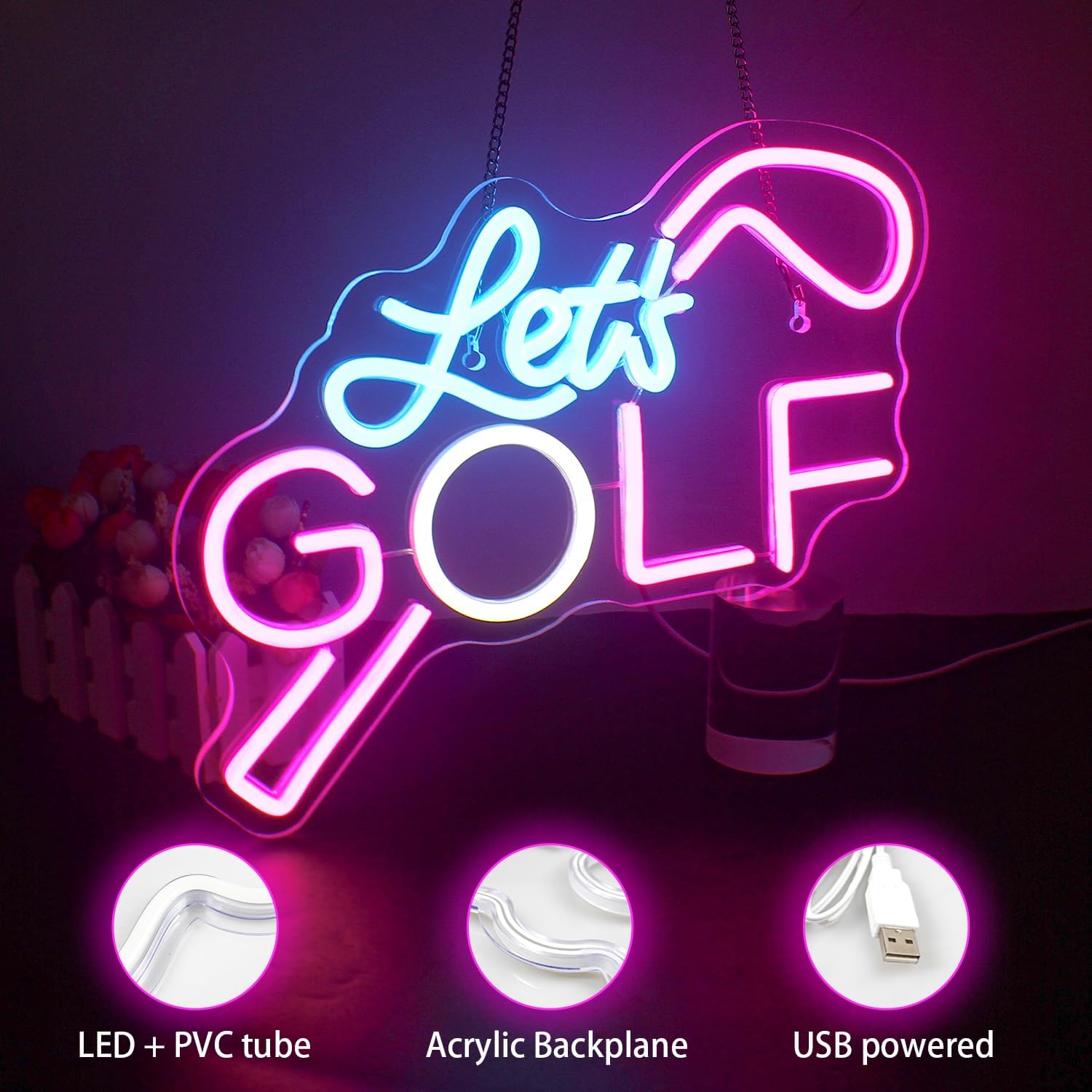 WX&YH Letrero de neón Let’s Golf  Letrero LED de golf, 10 letreros de neón creativos regulables para decoración de pared, letreros de luces de neón