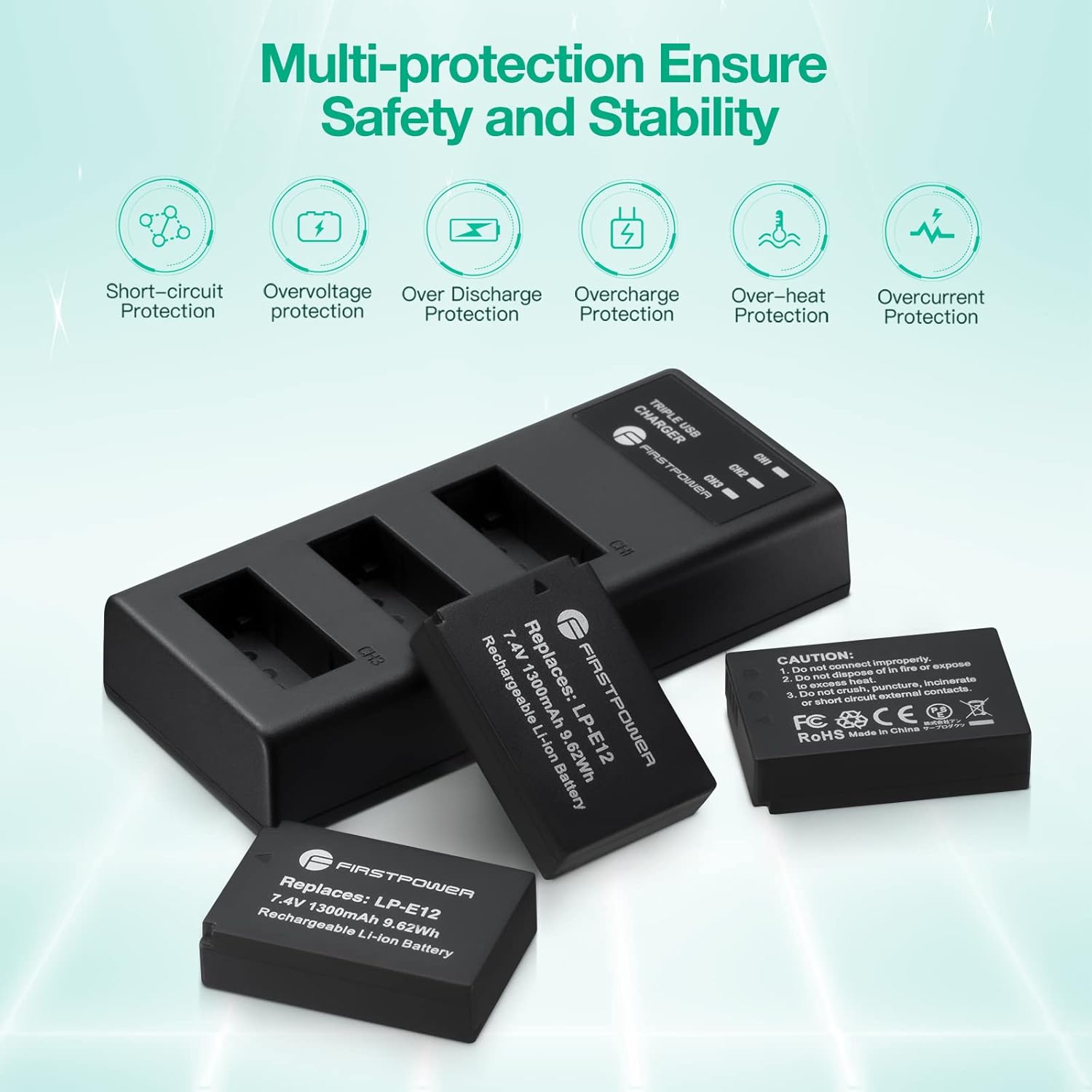 FirstPower LP-E12 – Paquete de 3 baterías y cargador de triple ranura para cámaras digitales Canon EOS M50, M50 Mark II, M, M2, M10, M100, M200,