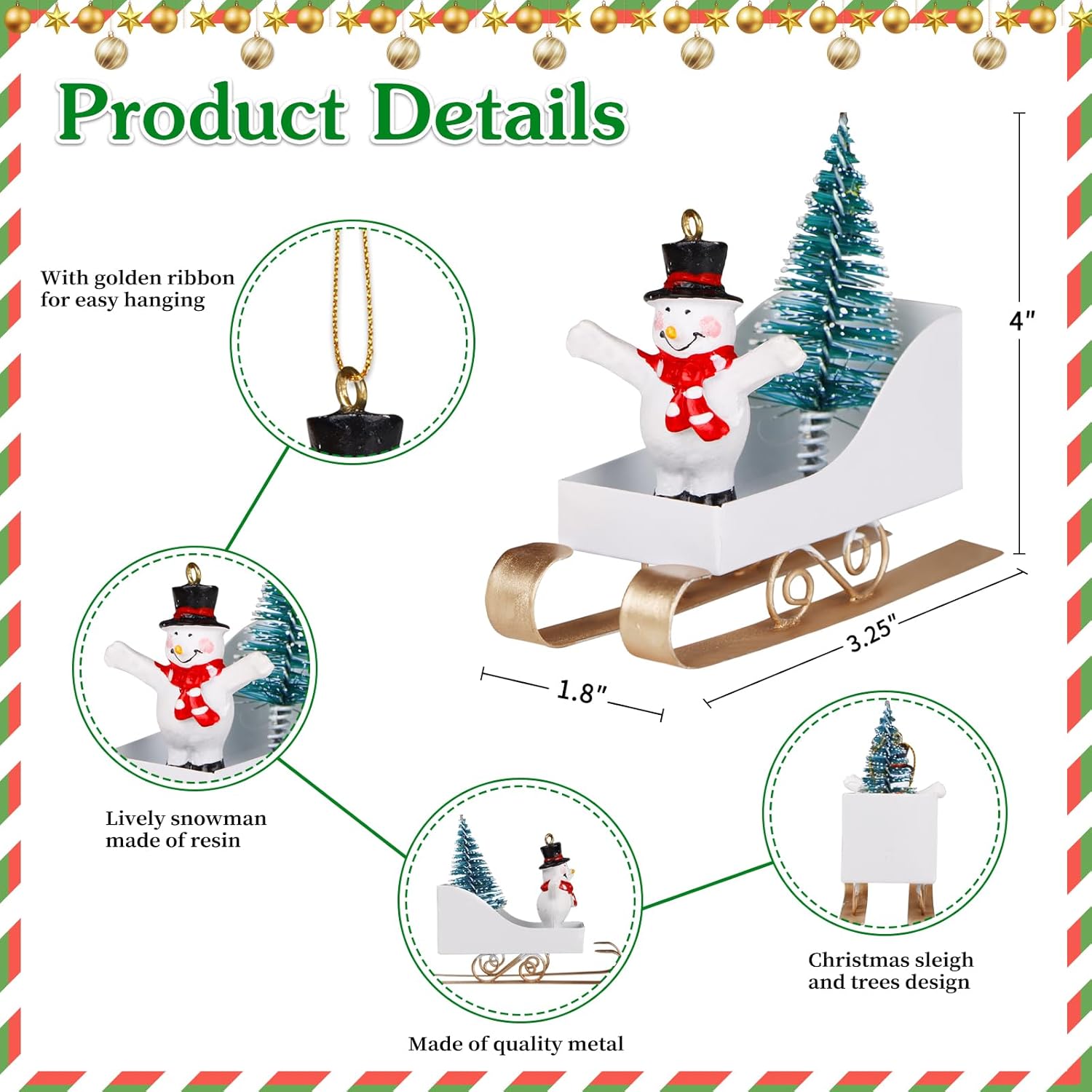 WhatSign Adornos de trineo de Navidad para árbol de Navidad, árbol de Navidad de metal, muñeco de nieve en trineo, adorno de muñeco de nieve,