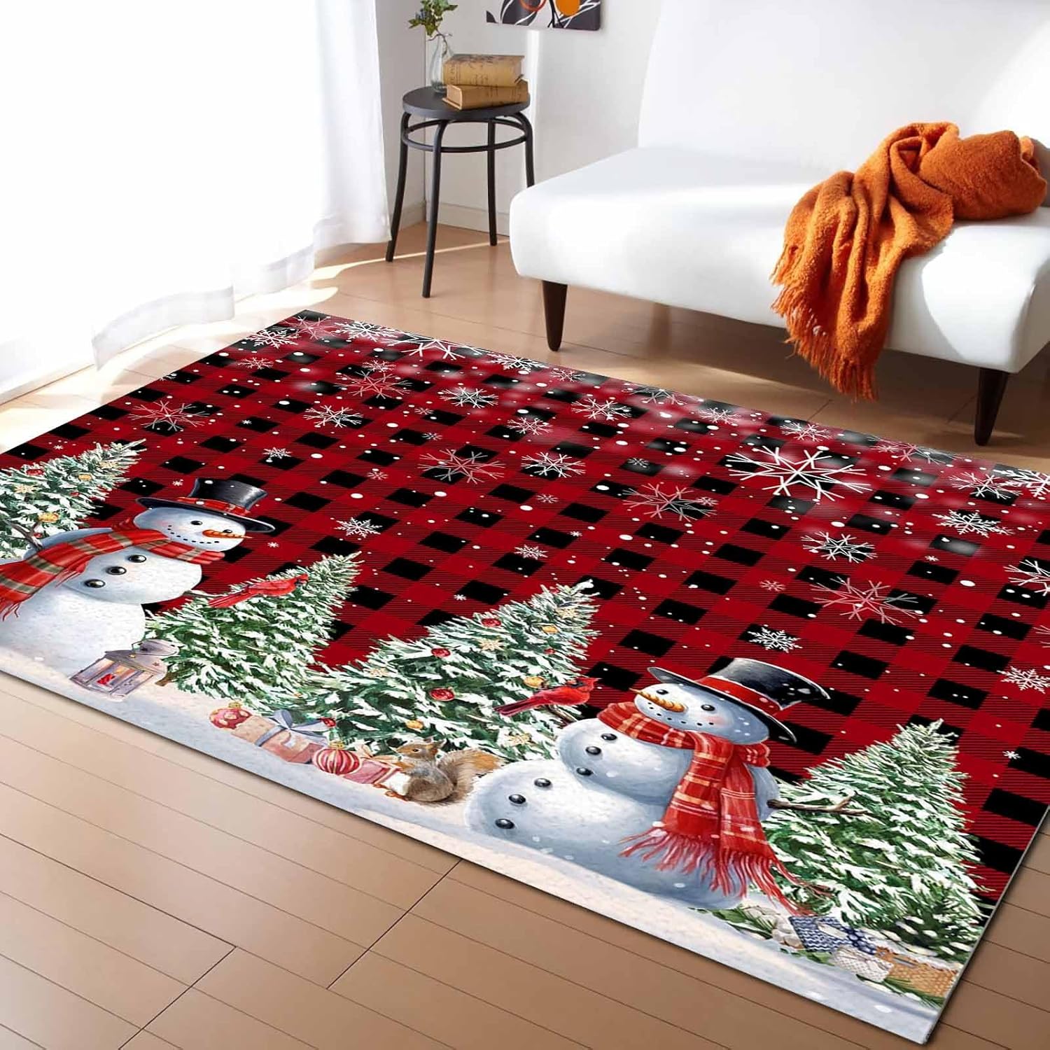 Alfombra de área de muñeco de nieve de Navidad, árbol de Navidad, copos de nieve, rojo y negro, a cuadros, antideslizante, lavable, alfombra para