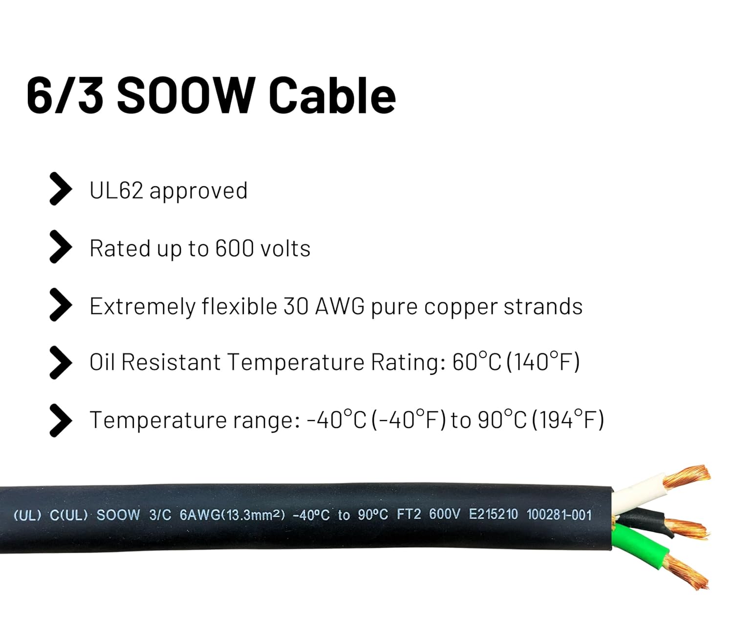 WindyNation Cable de cable SOOW SO de 5 pies 63 6 AWG – Cable de extensión de alimentación portátil de 600 V calibre 6 600 V para cargadores de