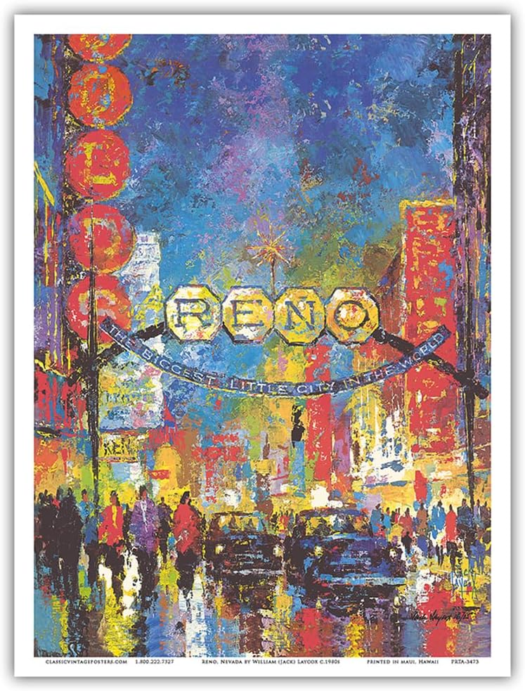 Reno Nevada – La pequeña ciudad más grande del mundo – Casinos – Póster de viaje vintage por Jack Laycox c.1980s – Impresión artística maestra (sin