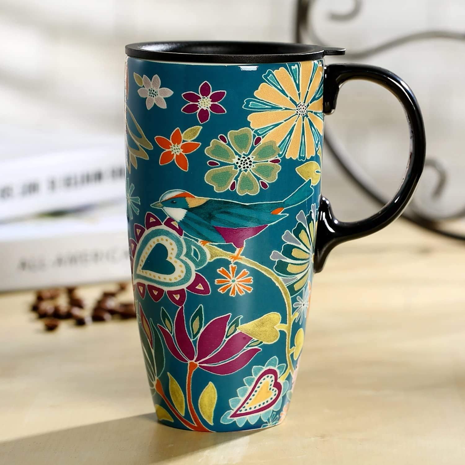 Topadorn Taza de cerámica para café, taza de té de porcelana con tapa, 17 oz, sinfonía floral, pájaro verde