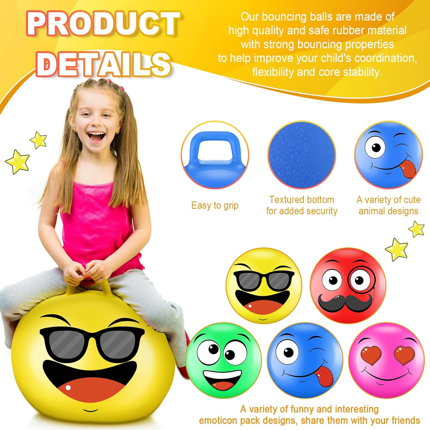 5 pelotas hinchables de 22 pulgadas, bola de salto de hippity hop, pelota de goma con asa, inflable, 5 expresiones divertidas, juguetes de salto de