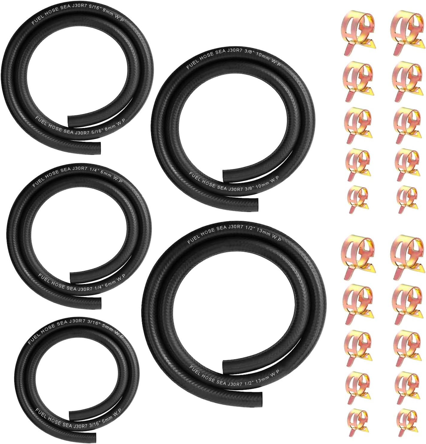 smseace Kit de manguera de combustible de 5 tamaños de 3.3 pies, 25 piezas, 38 pulgadas, 12 pulgadas, 516 pulgadas, 14 pulgadas, 316 pulgadas, ID