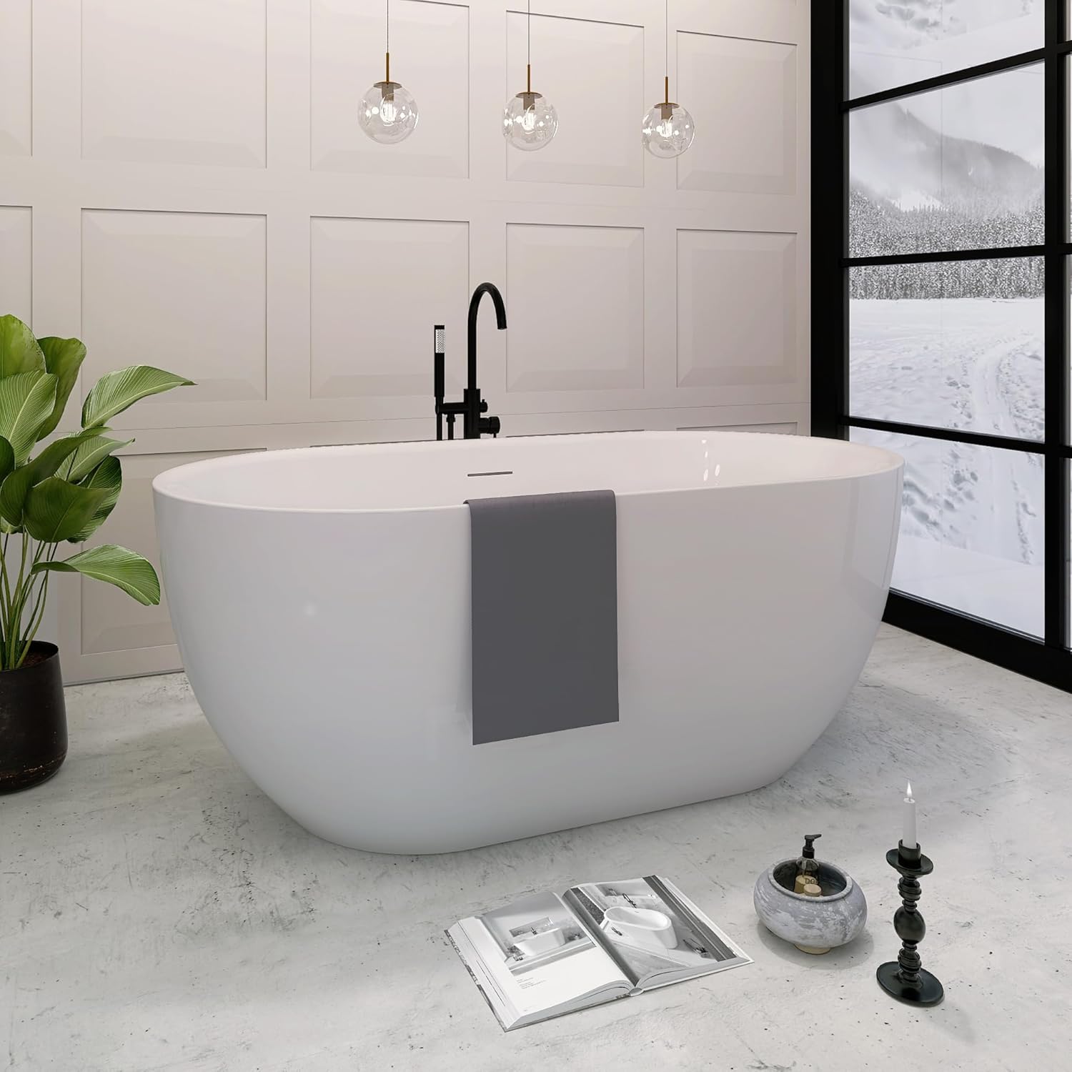 Yinzanw Bañera ovalada de acrílico, bañera independiente, drenaje extraíble integrado con acabado blanco certificado CUPC (blanco)