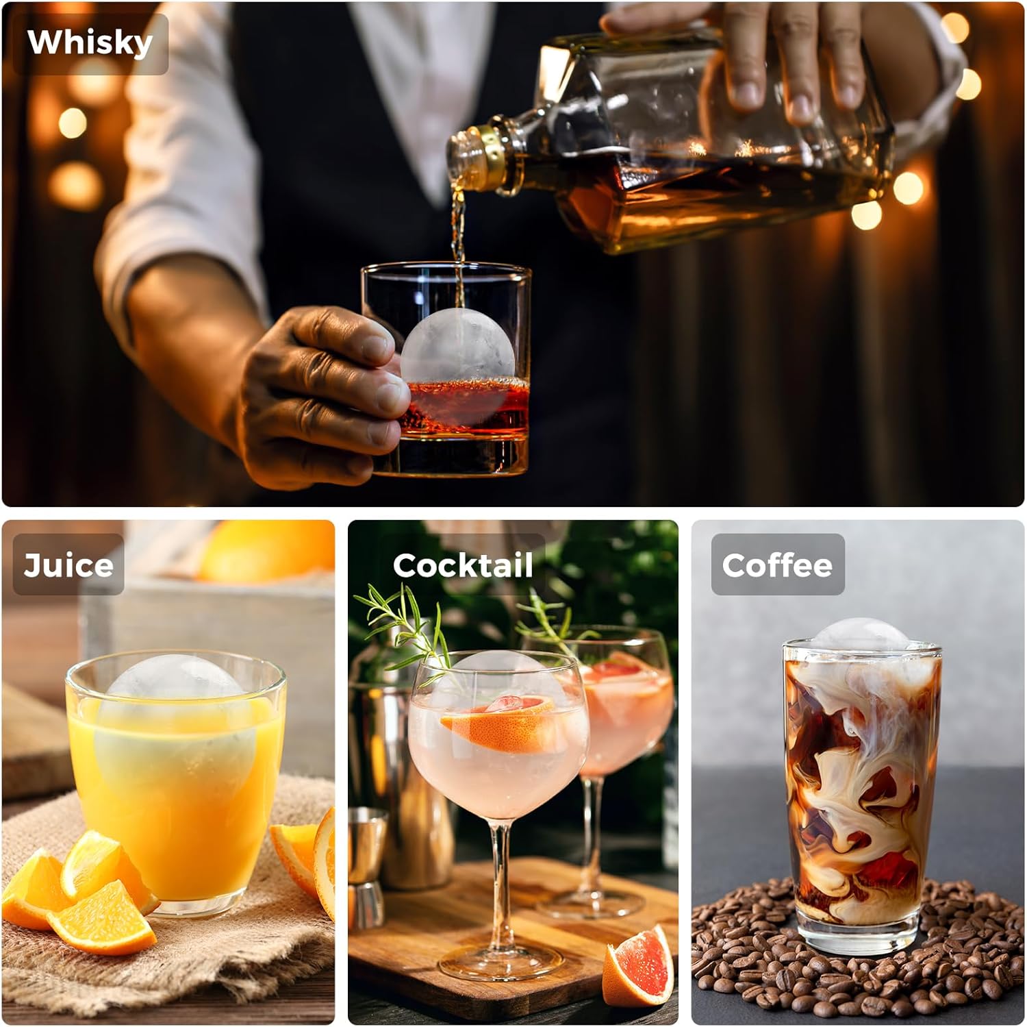 Bandeja para cubitos de hielo, moldes redondos grandes de 2.54 pulgadas, fácil de liberar, perfecta para cócteles, whisky, bourbon, jugo, café