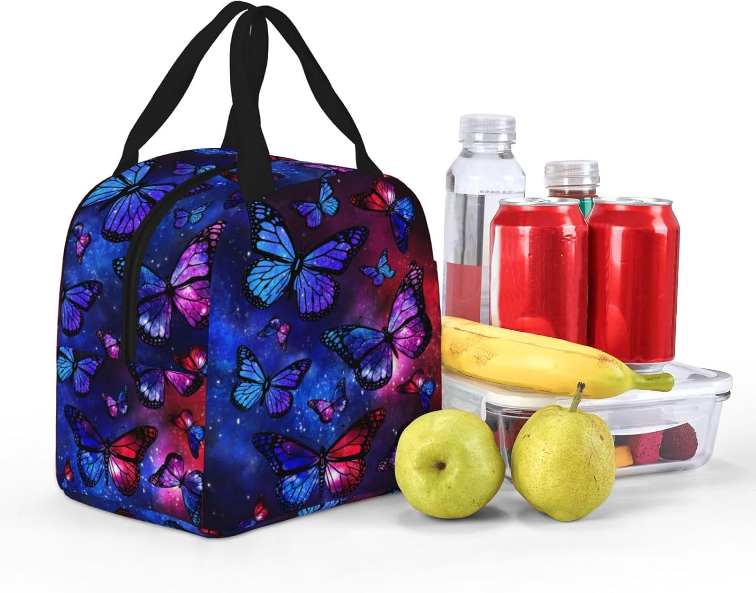 Lonchera aislada para mujer, reutilizable, con bolsillo, para el trabajo, picnic, viajes, mariposa, galaxia