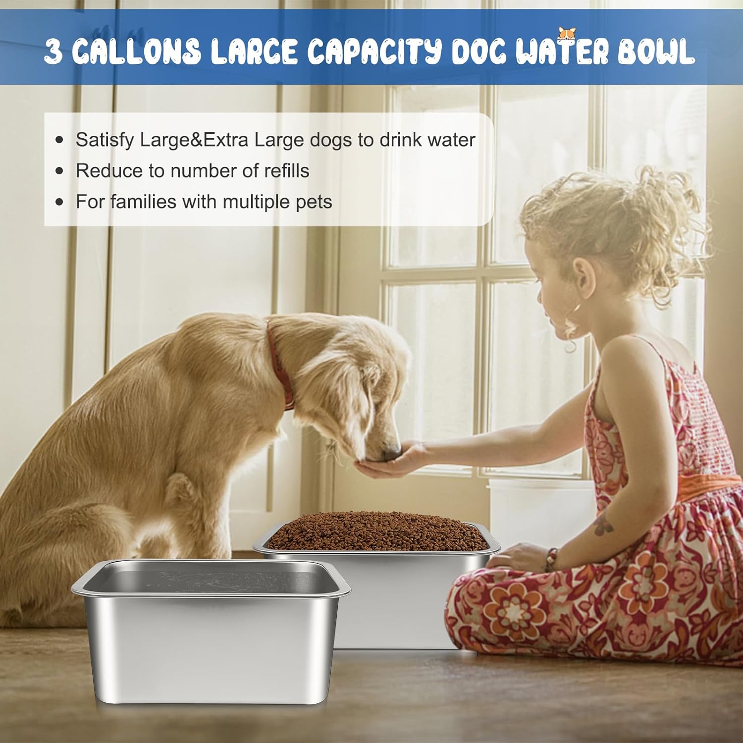 Bwogue Cuenco de agua extra grande para perros, 3 galones, acero inoxidable, duradero, de alta capacidad, estructura rectangular, fuerte