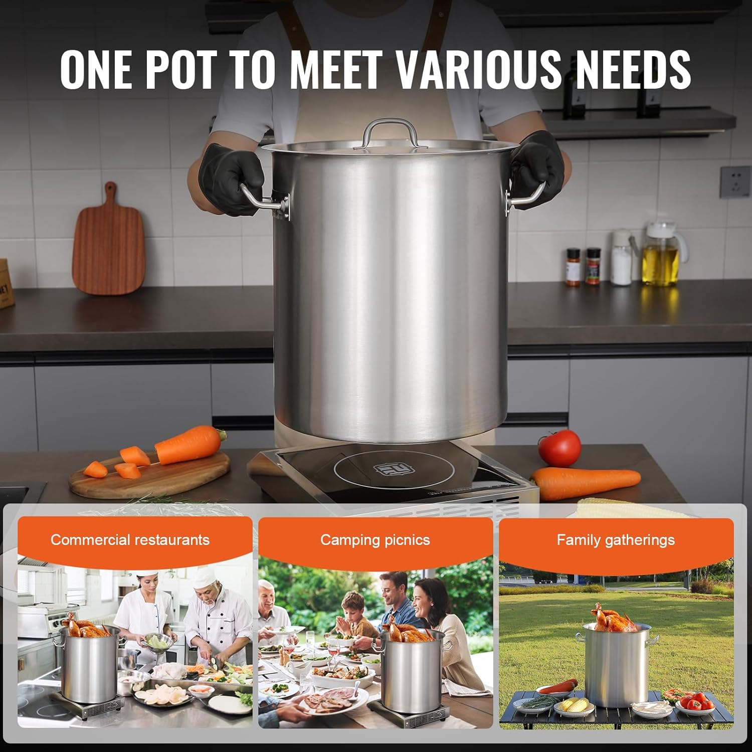 VEVOR Olla de acero inoxidable 188, ollas de cocina grandes de 42 cuartos de galón, olla multiusos con base compuesta, olla de grado comercial