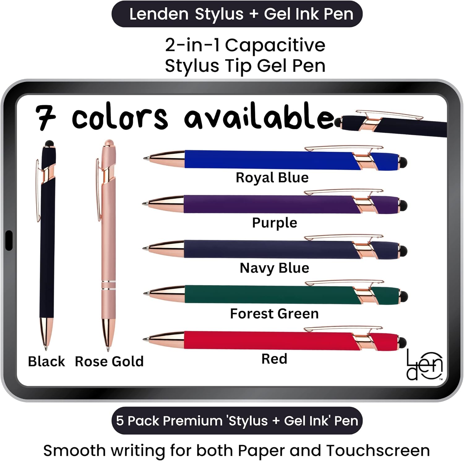 Lenden Paquete de 5 bolígrafos de tinta de gel 2 en 1 de goma Comfort Soft Touch, punta capacitiva, punta media de metal premium, tinta negra,