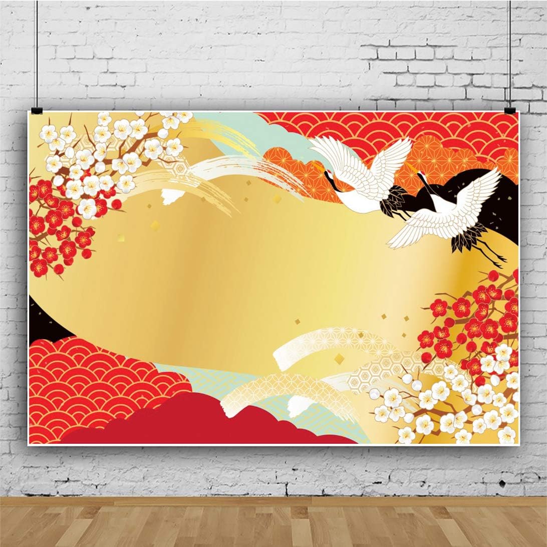 OERJU Telón de fondo de dibujos animados de estilo japonés de 10 x 8 pies, pintura antigua, grúa de mosca, fondo de fotografía dorado y rojo,
