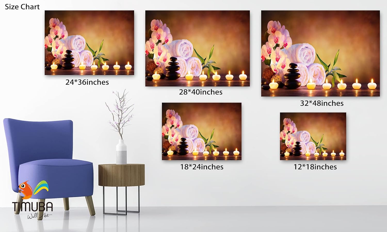 Arte de pared Zen – Decoración de habitación zen, impresiones en lienzo de naturaleza muerta con velas y cuadro de flores de magnolia para