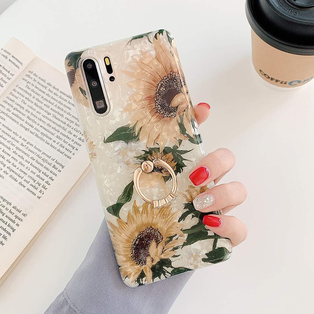 Qokey Funda para Galaxy S9, S9, diseño de flores, a la moda, para hombres, mujeres y niñas, con anillo giratorio de 360 grados, soporte de TPU suave