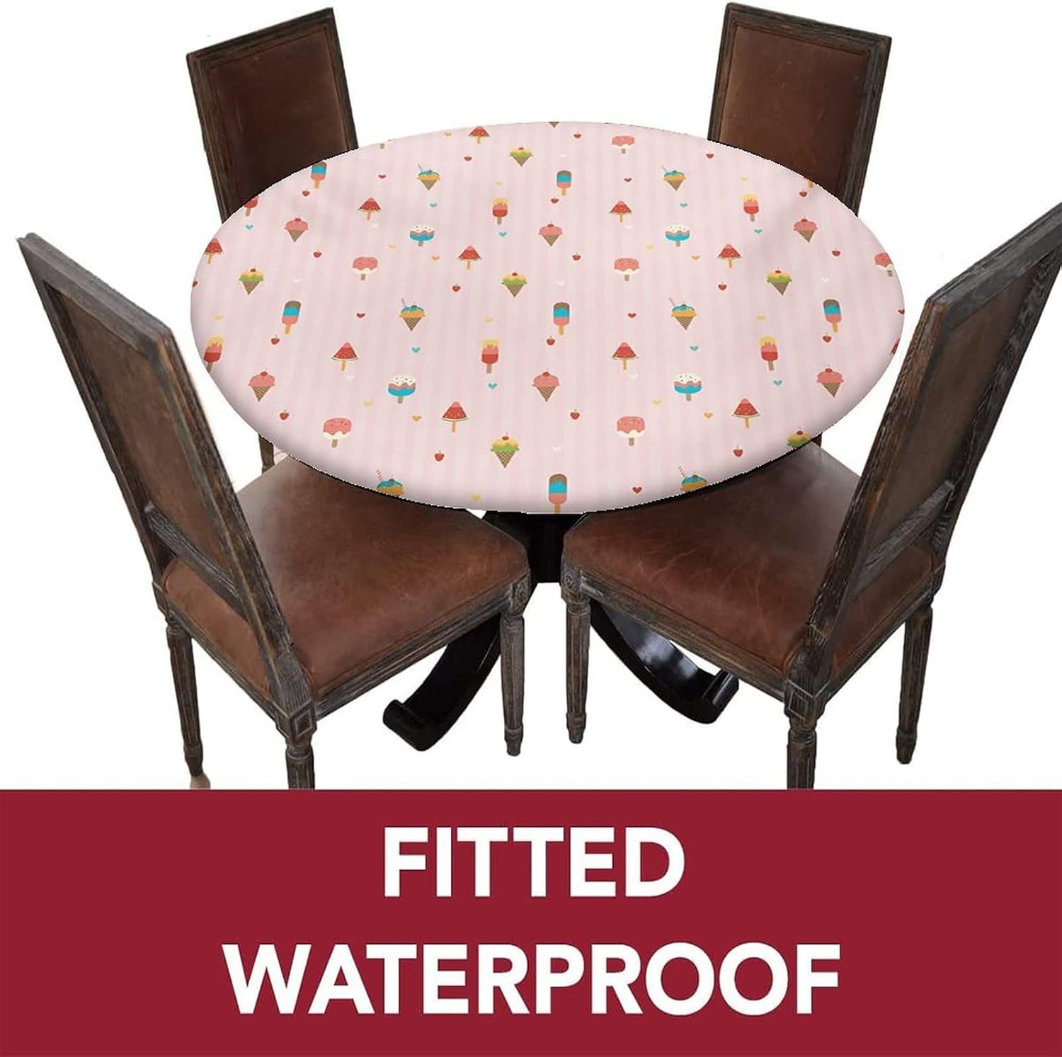 Ice Cream Round Fitted Tablecloth with Elastic Edge,Pastel Pink Striped Backdrop with Hearts Print Polyester Table Cloth, XXSmall, Fit Round Table