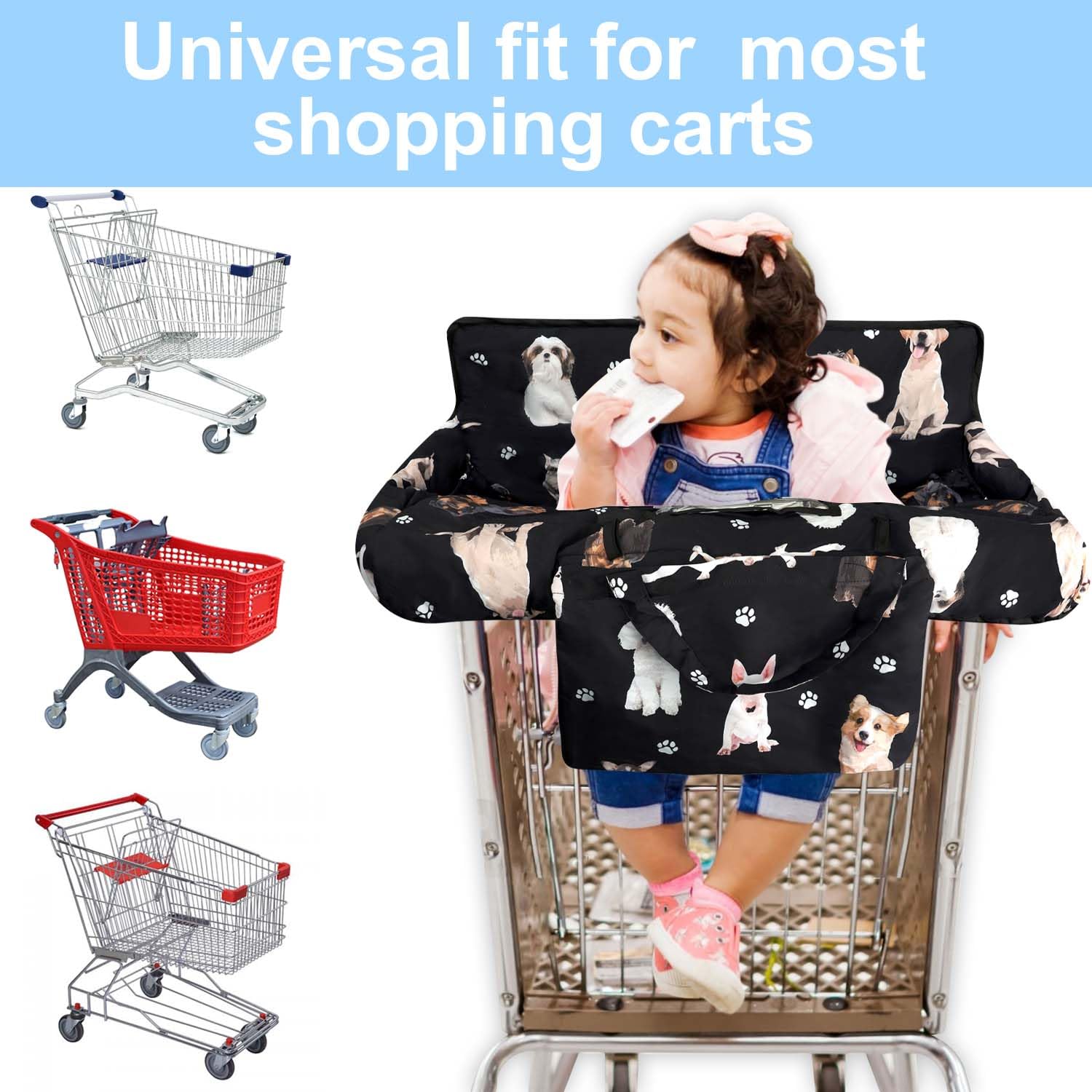 Funda negra para carrito de compras para bebé, funda para silla alta 2 en 1, con arnés de seguridad, multifuncional, patrón de perro, fundas para