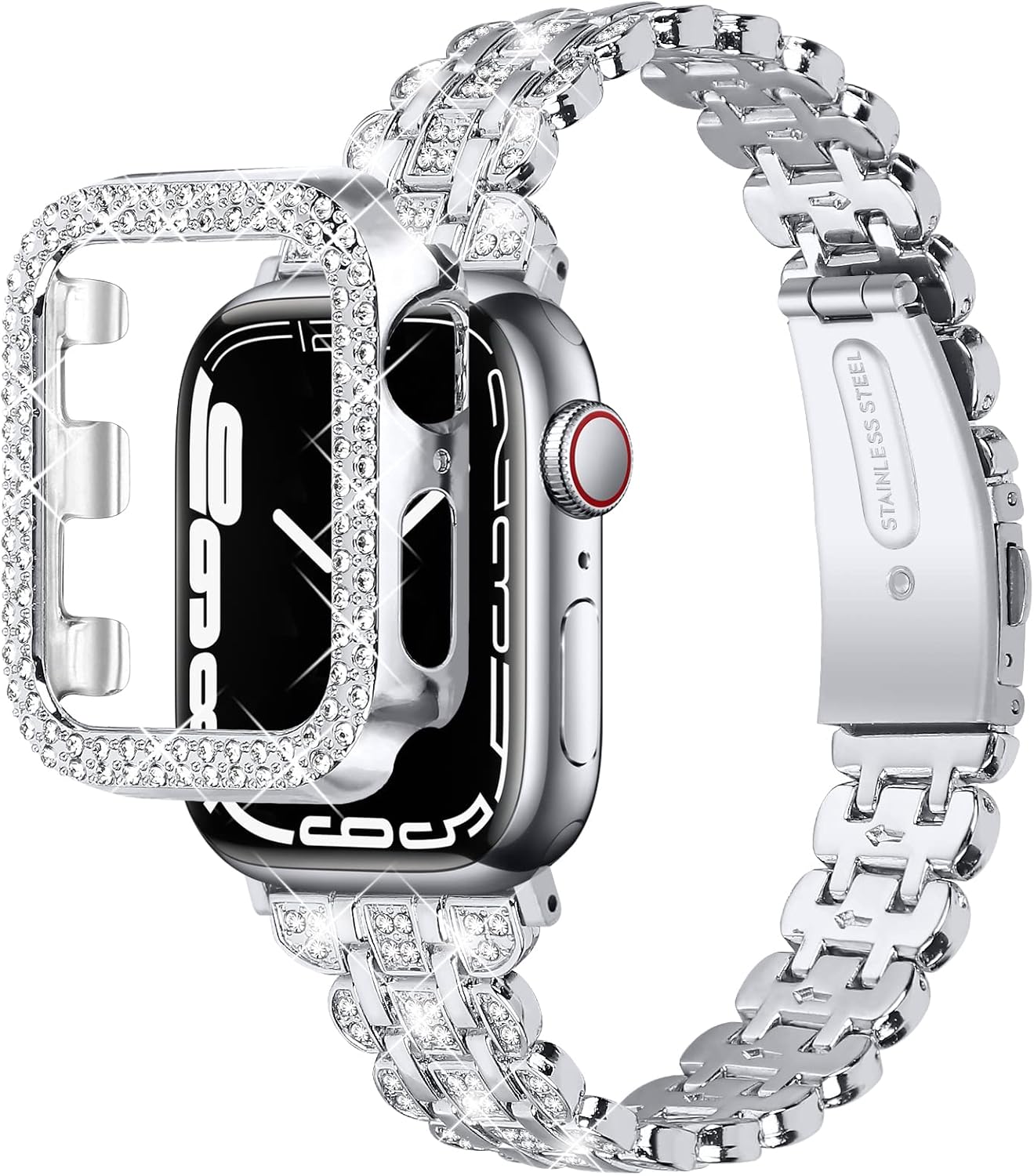 Correas brillantes y funda compatible con Apple Watch de 1.49, 1.57, 1.61, 1.65, 1.73, 1.77 y 1.73 pulgadas, pulsera delgada de metal con cubierta
