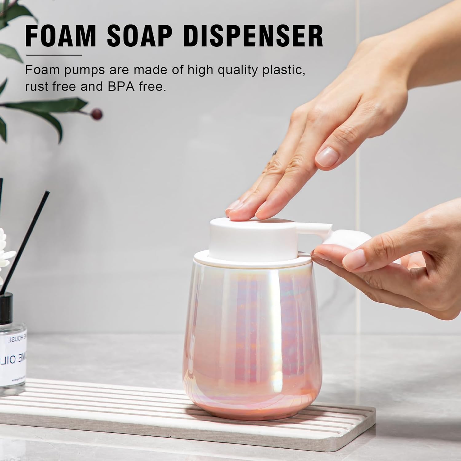 Dispensador de jabón rosa degradado, dispensador de jabón espumoso de cerámica con bomba fácil de presionar para baño, jabón líquido recargable de