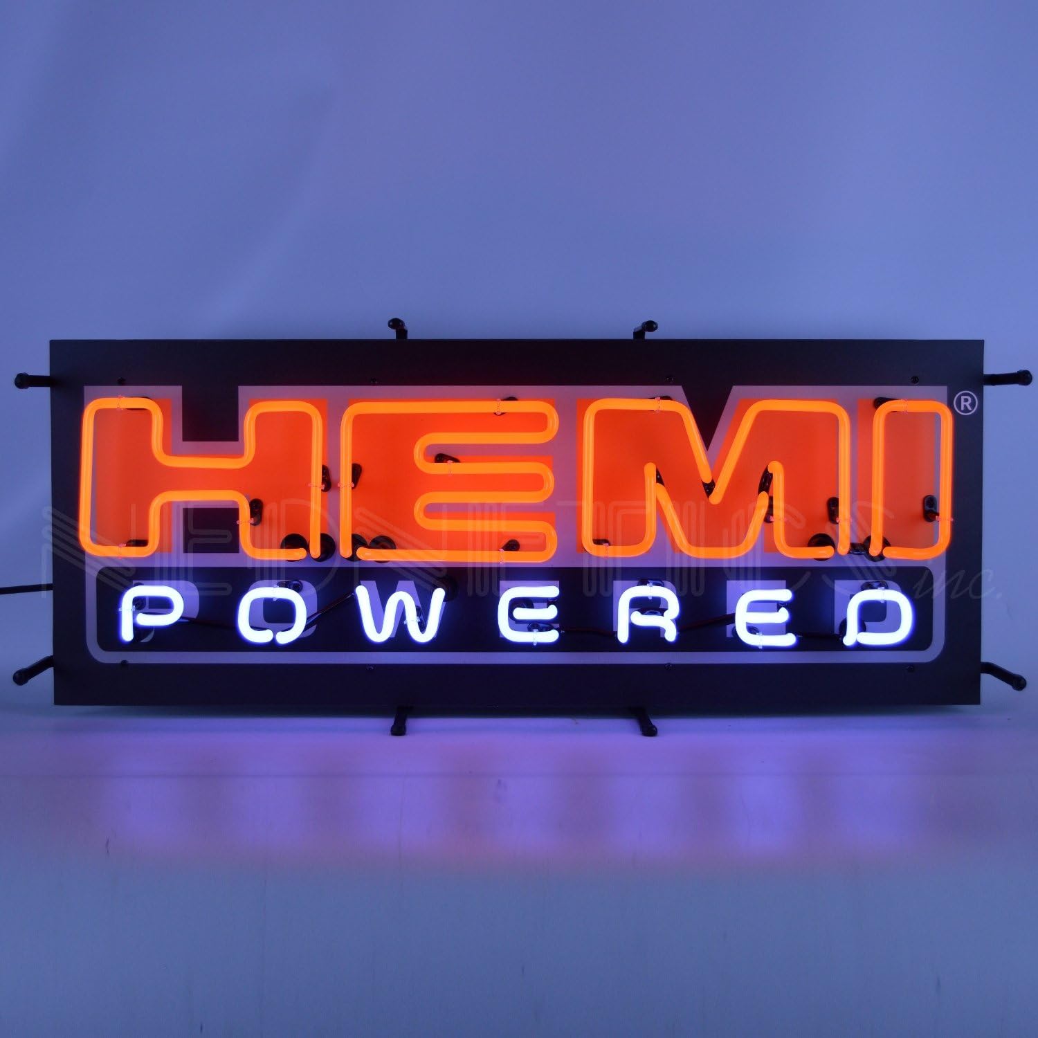 Hemi – Letrero de neón alimentado con respaldo con tubos de neón reales soplados a mano naranja y blanco, mide 33 pulgadas de ancho por 14 pulgadas
