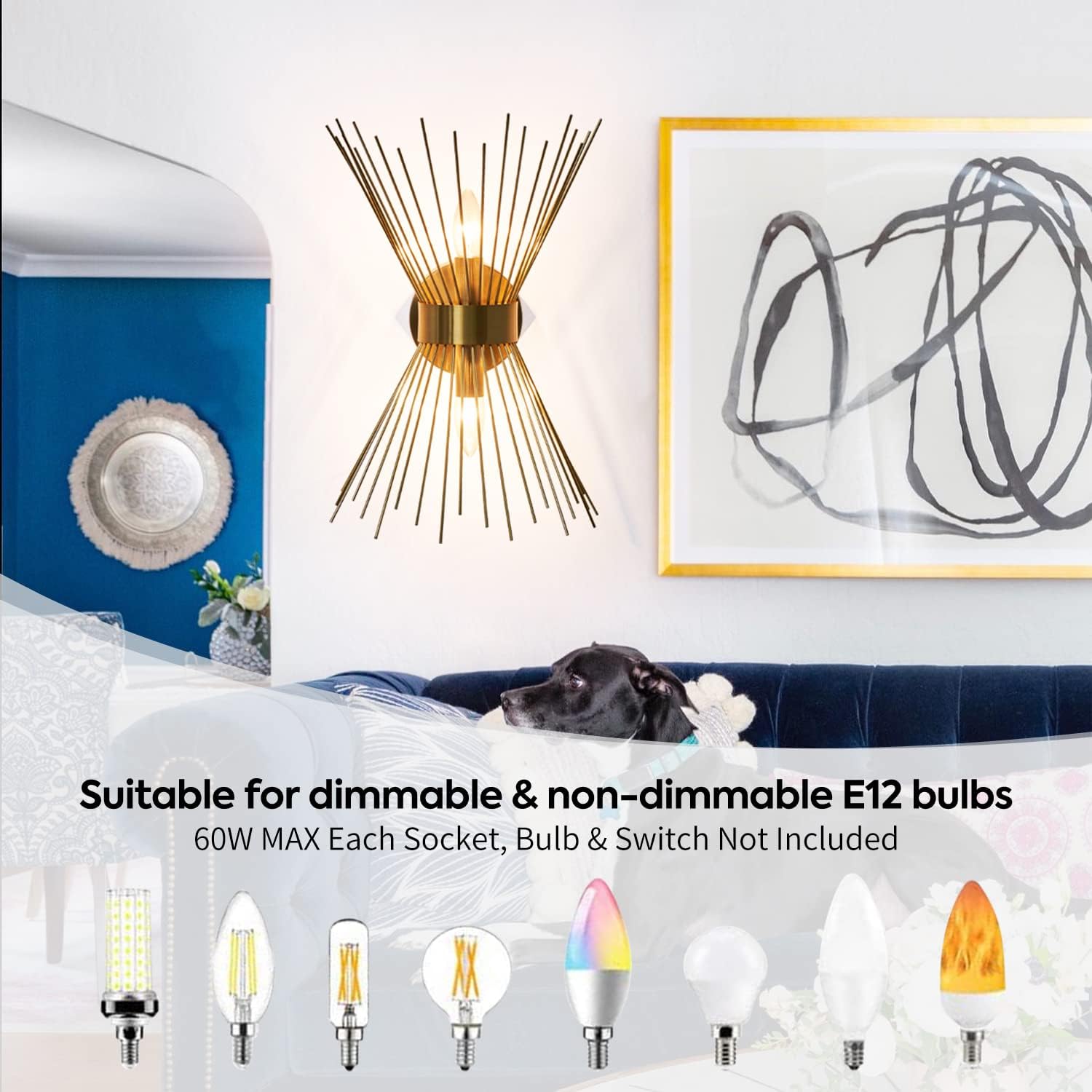 Lámpara de tocador de baño de 2 luces, moderna lámpara de pared dorada Starburst de mediados de siglo, lámpara de pared de latón galvanizado para