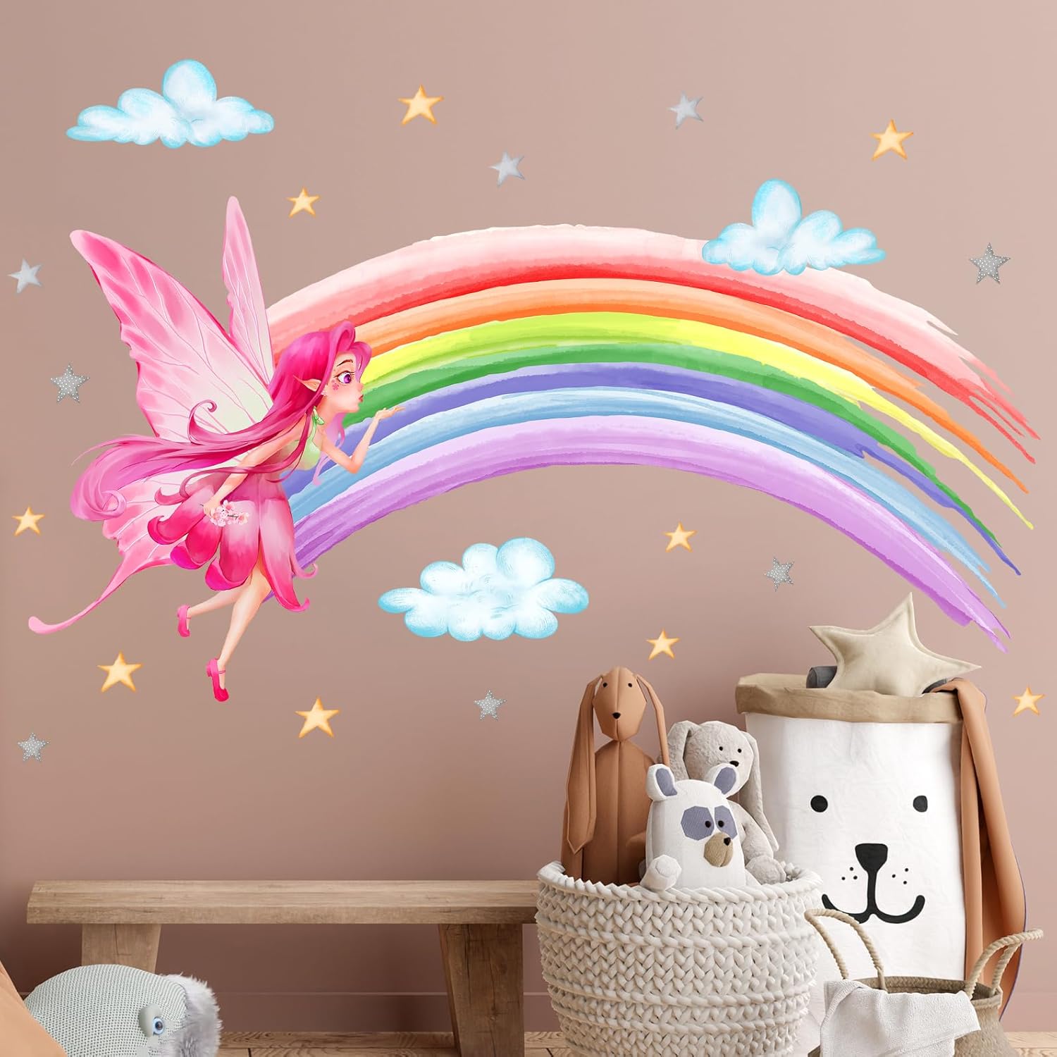 Calcomanías de pared de acuarela arco iris, calcomanías de pared coloridas de nube de estrellas, calcomanías de pared de princesa de elfo rosa para