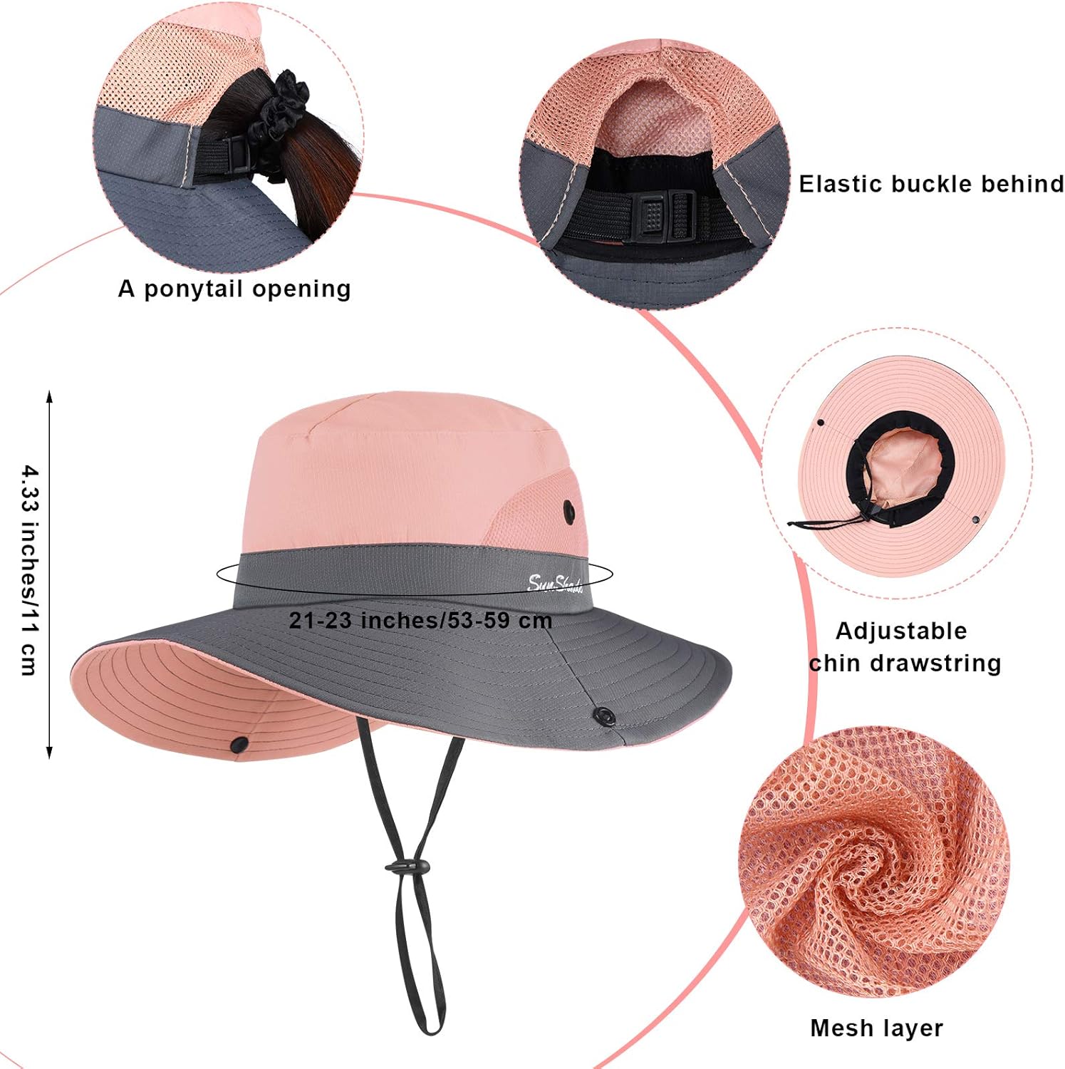 4 sombreros de verano para mujer, con protección UV, malla de ala ancha, gorras plegables de pesca en la playa con agujero para cola de caballo para