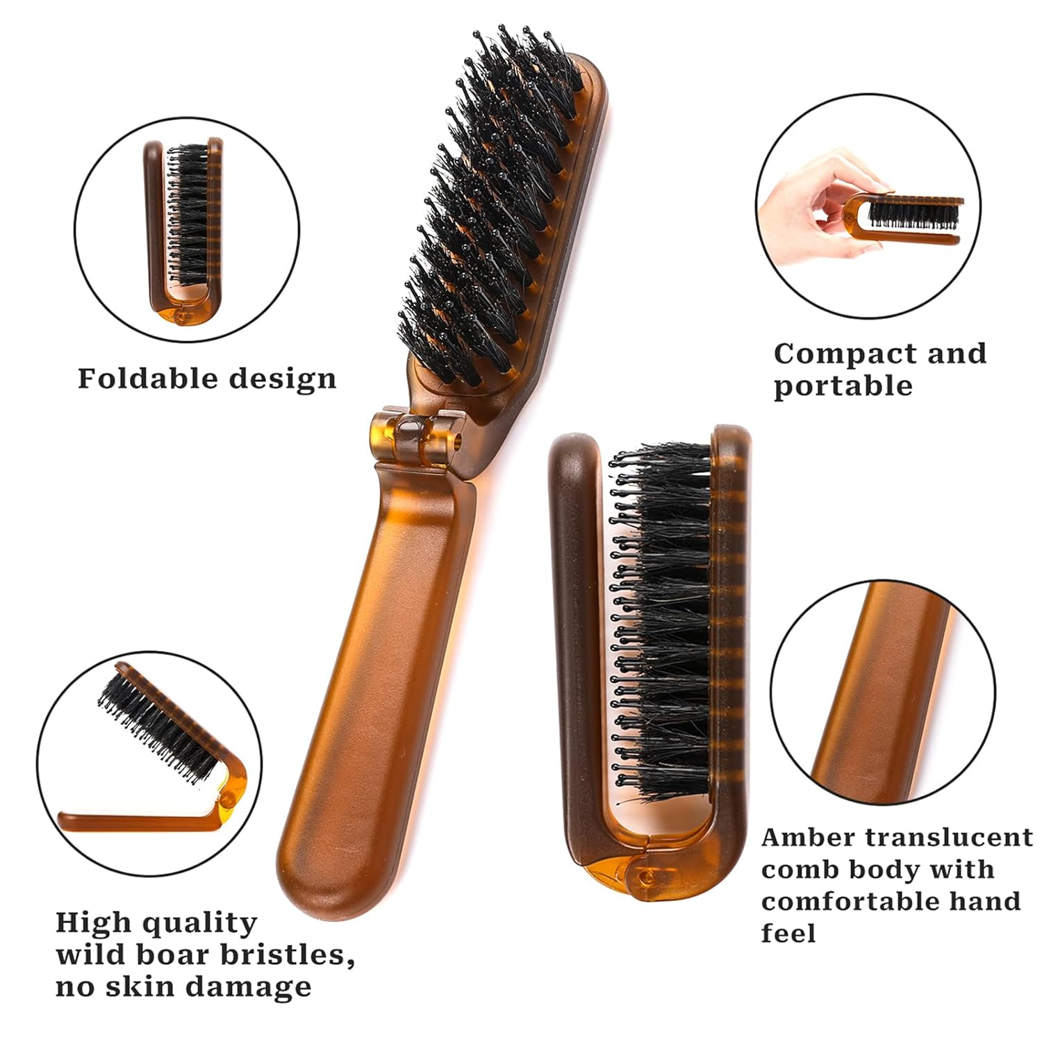 Paquete de 2 cepillos plegables para el cabello, cepillo de tamaño de viaje con cerdas naturales de jabalí y pasadores de nailon, cepillo pequeño