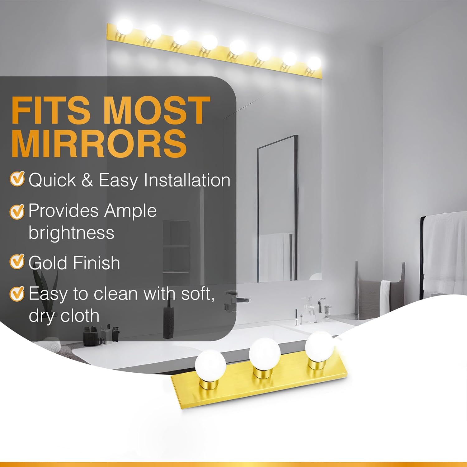 DYSMIO Lighting – Tira de tres luces para tocador de estilo Hollywood con placas doradas, accesorios de calidad de salón para dormitorio, baño,