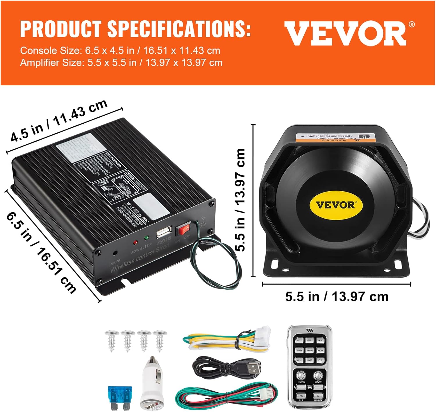 VEVOR Sistema PA de sirena de policía, amplificador DC12V 200W sirena de policía con altavoz compacto, bocina de sirena de policía de 18 tonos,