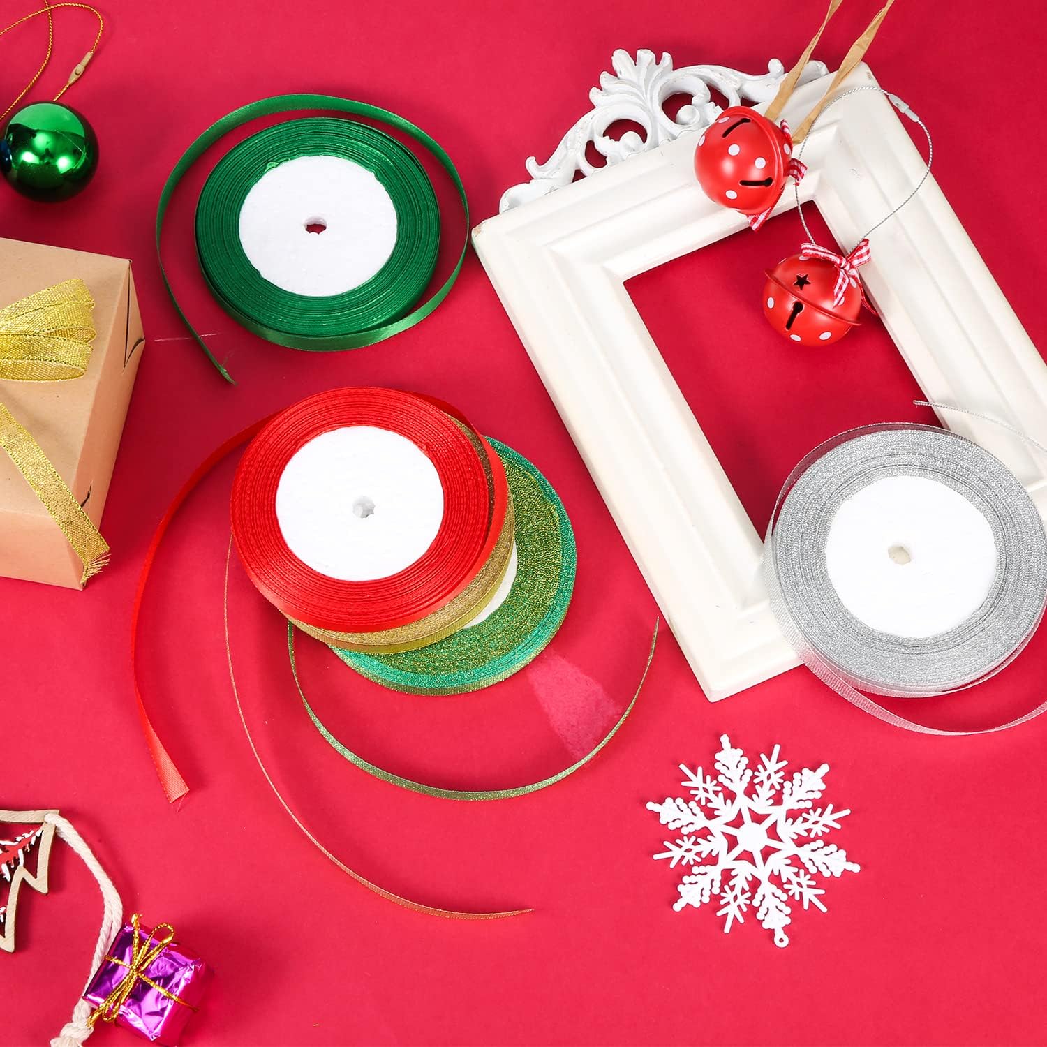 5 rollos de cintas de Navidad para manualidades, paquete de regalo de 25 yardas, envoltura de tela metálica con purpurina para festivales navideños,