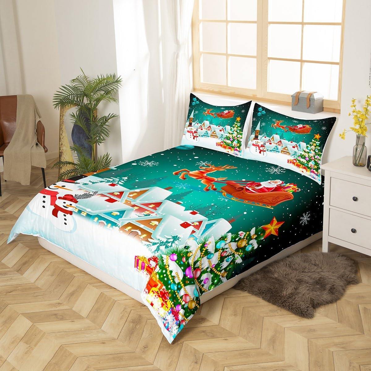 Manfei Juego de funda de edredón de Navidad, tamaño individual, juego de ropa de cama de árbol de Navidad, muñeco de nieve, 2 piezas para decoración