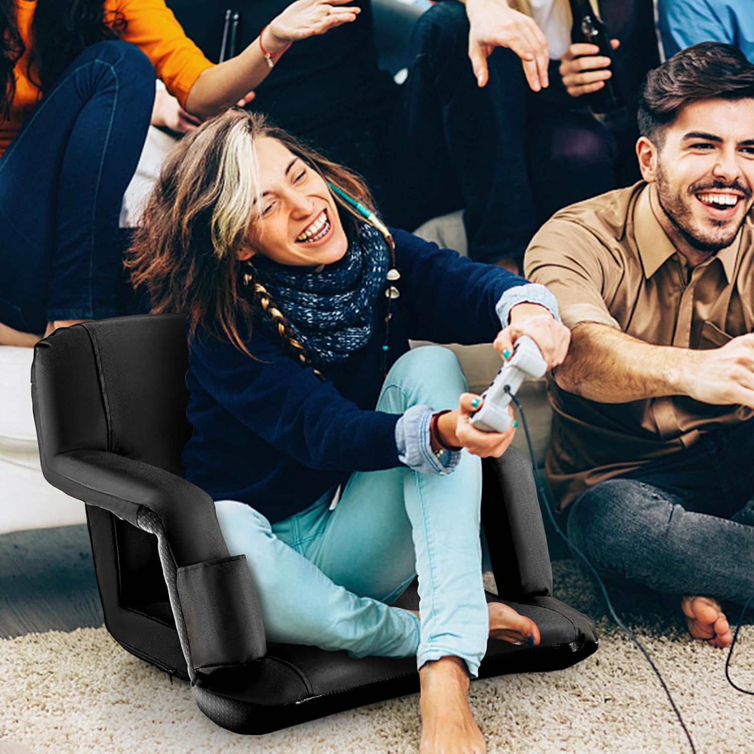 Goplus Asiento de estadio para gradas, silla plegable de 24.5 pulgadas de ancho con 6 posiciones reclinables, soporte para tazas, cojín grueso,