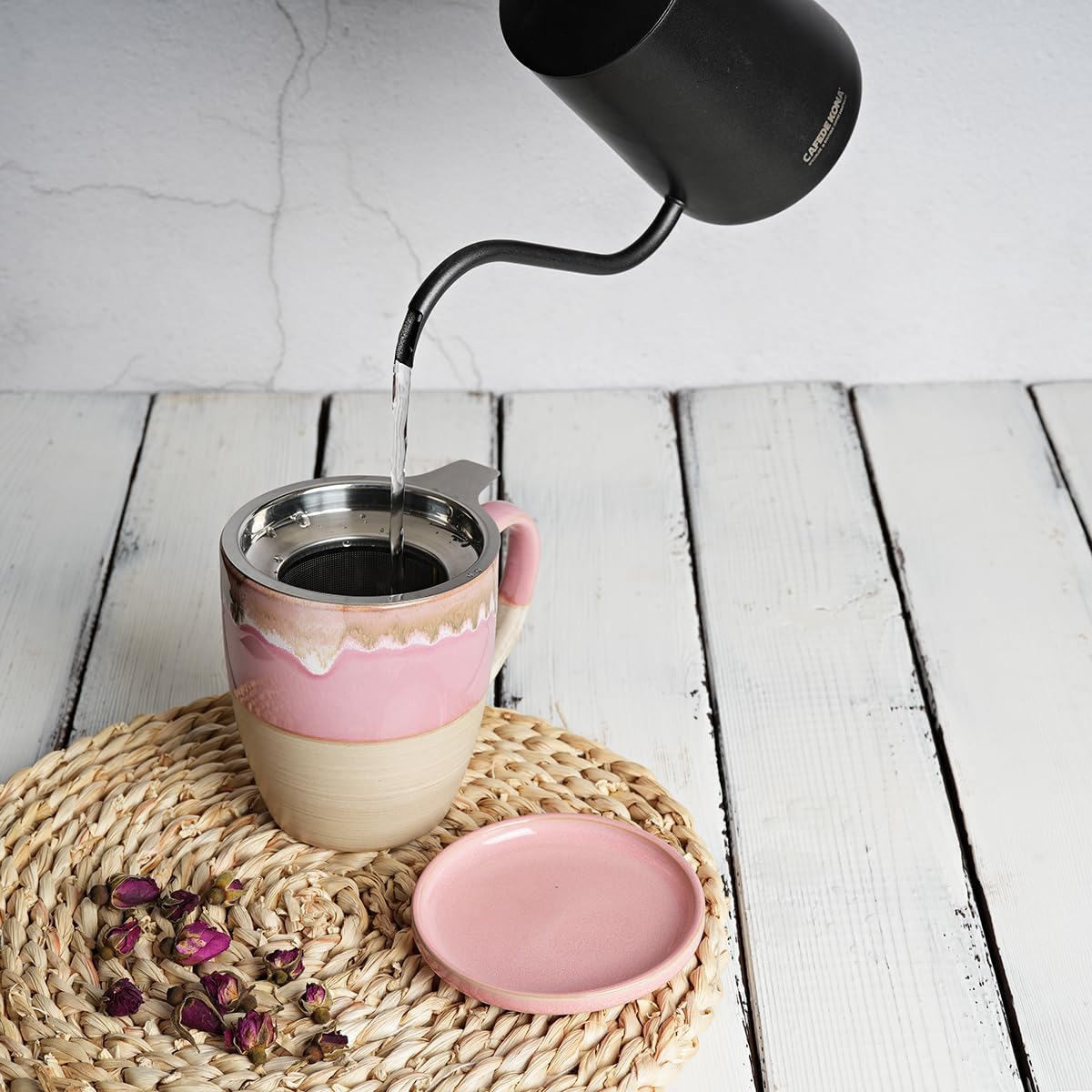 Bosmarlin Taza de té de cerámica con infusor y tapa, 16 onzas, apta para lavavajillas y microondas, 5 colores para elegir, esmalte reactivo, taza de