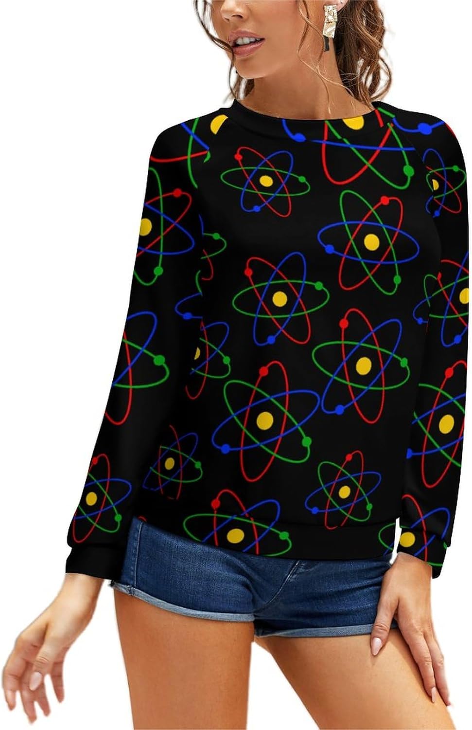 Science Atom Logo Women’s Graphic Long Sleeve Sweatshirt Casual Crewneck Pullover Relaxed Fit Tops