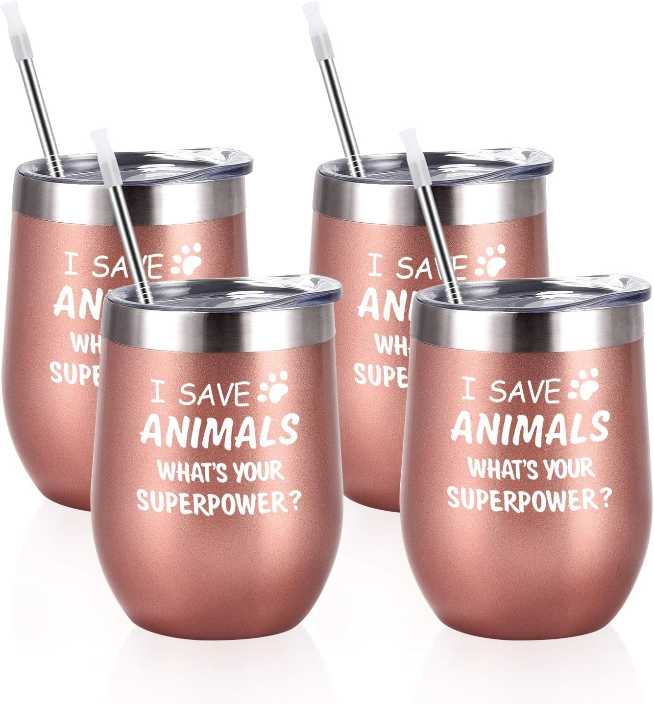 Paquete de 4 vasos de vino con tapa con texto en inglés “I Save Animals, Whats Your Superpower”, de acero inoxidable, ideas de cumpleaños y Navidad