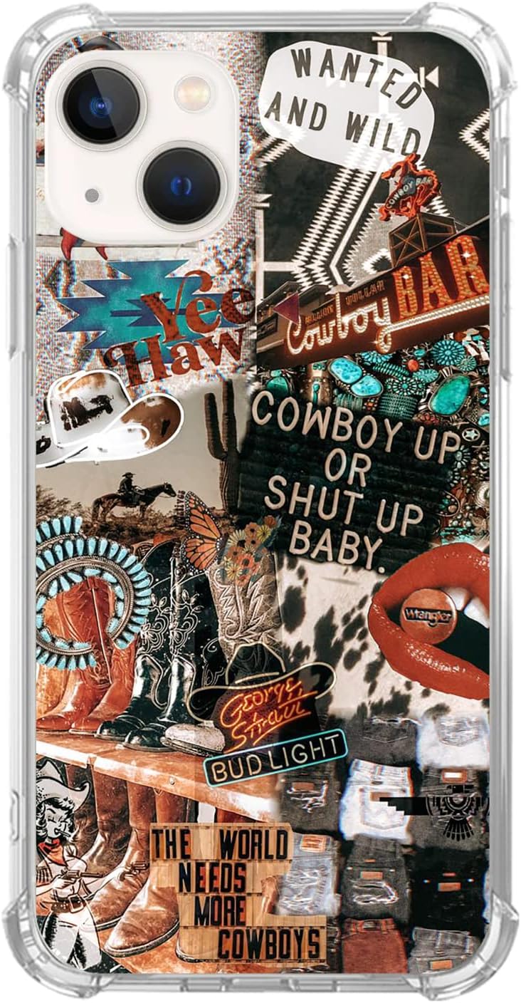 GialCenik Funda de collage de vaquera occidental para iPhone 15 Plus, funda de TPU con diseño único y moderno de poliuretano termoplástico