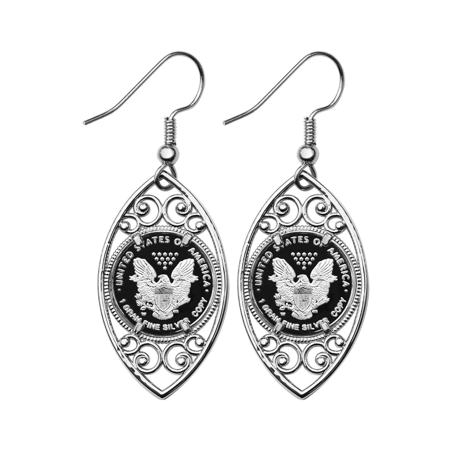 Walking Liberty 1 Gram .999 Fine Silver Coin 925 Sterling Silver Evil Eye Design Earrings