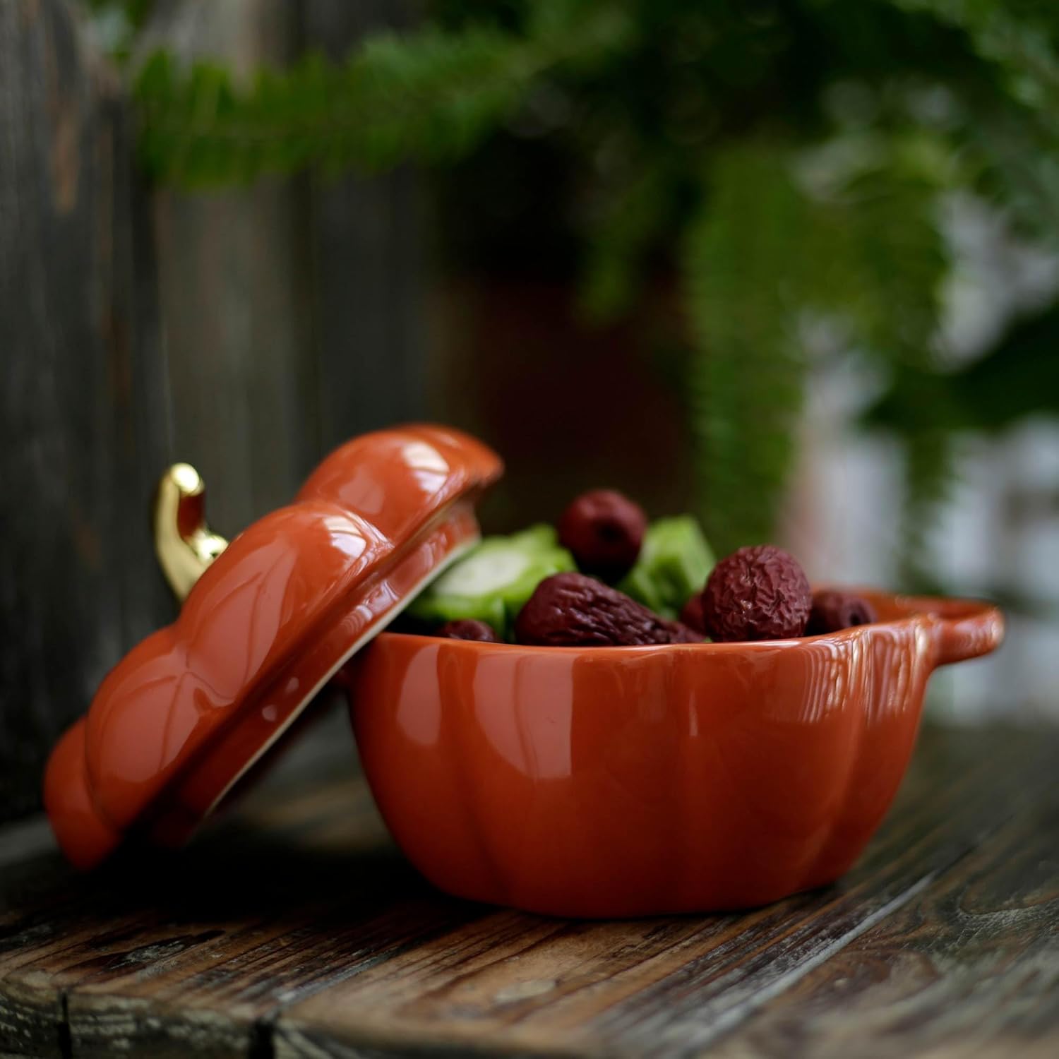 Plato de cerámica antiadherente en forma de calabaza  Mini tazón con asas y tapa  Ollas de vajilla modernas y creativas para servir, cocinar y