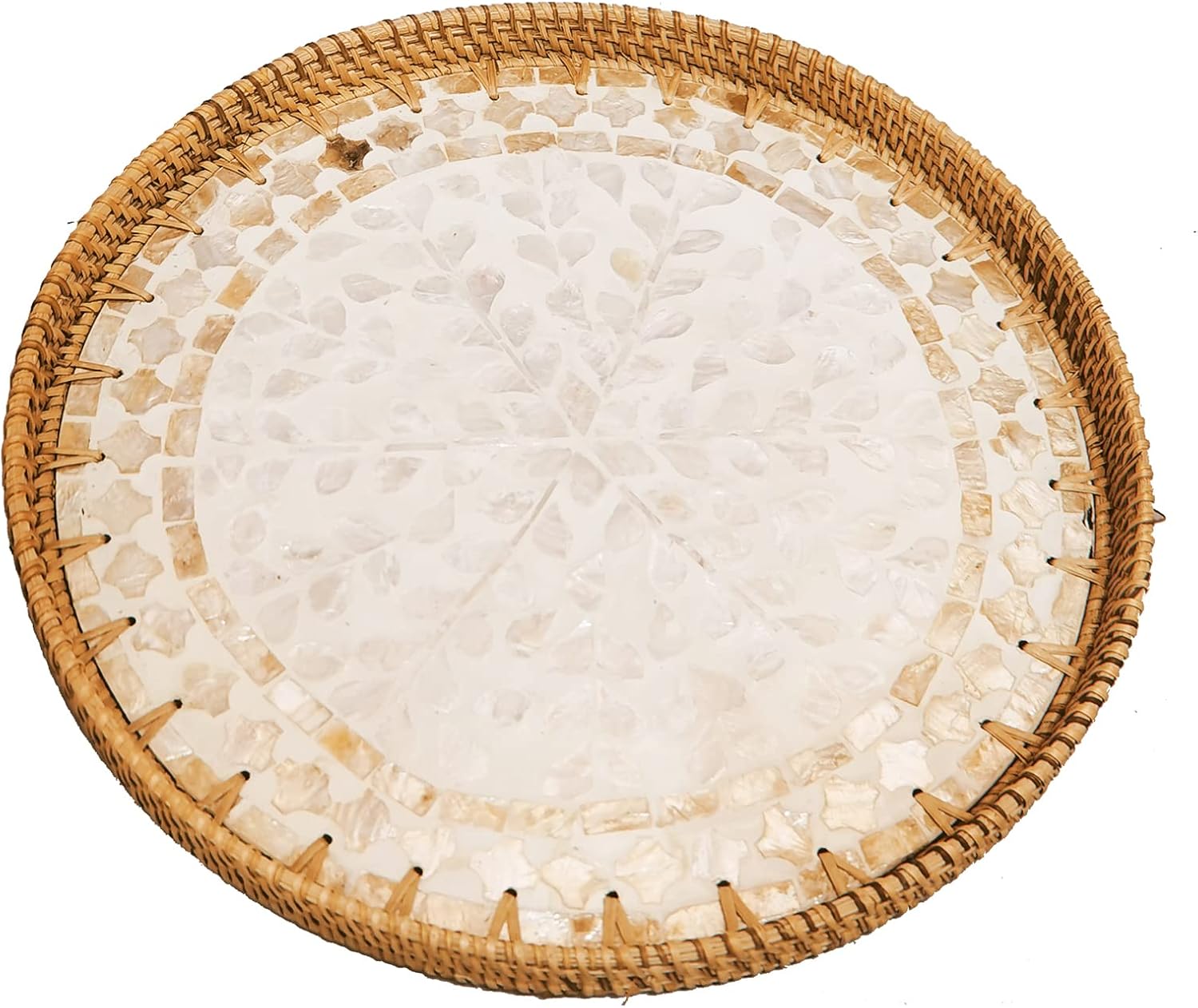 Cesta redonda de ratán de 12 pulgadas con base de madera de mopa beige, bandeja otomana de mimbre grande con 1 pulgada, platos tejidos para