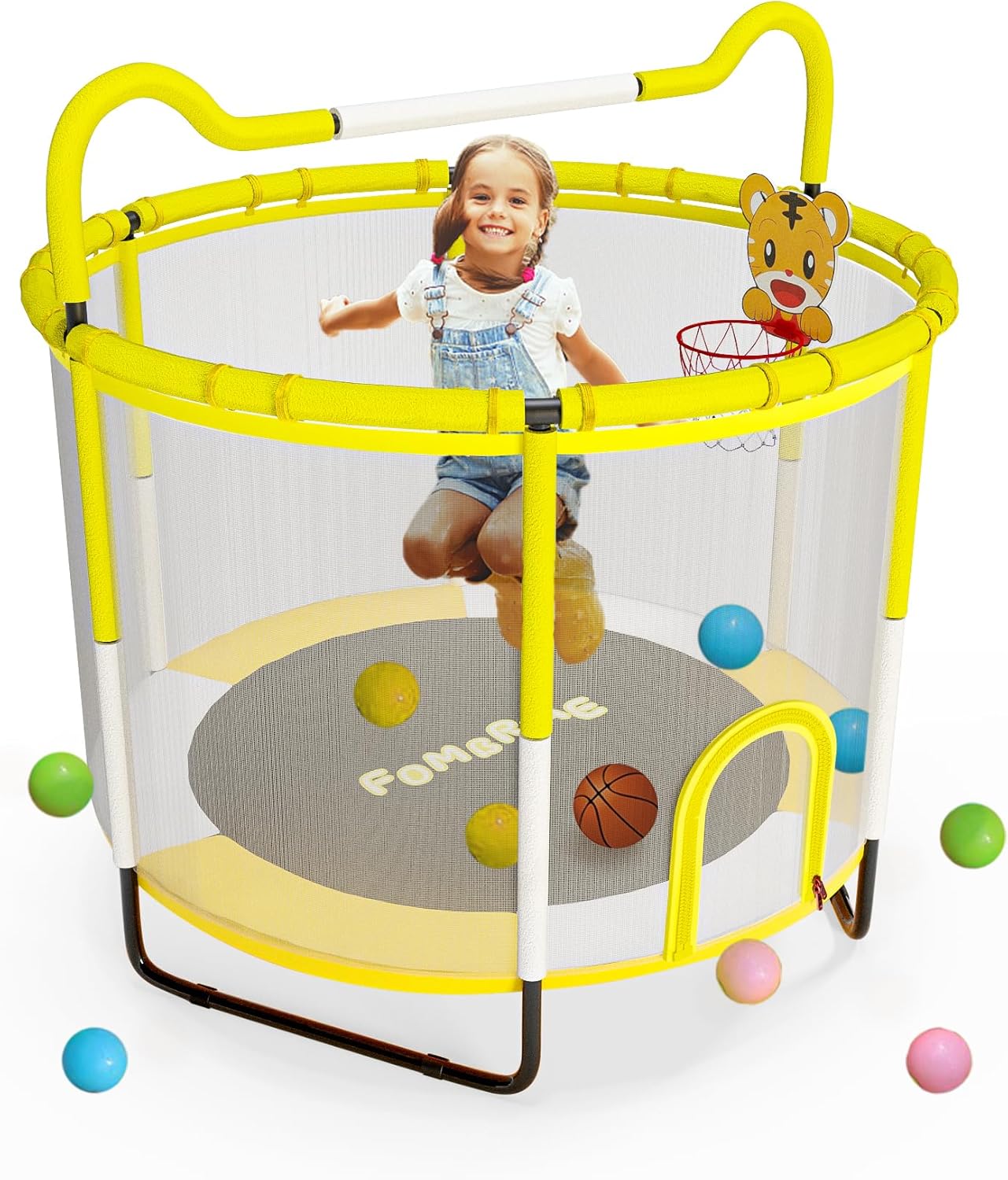 FOMBRIAE Trampolín de 55 pulgadas para niños, trampolín para interiores y exteriores de 4.5 pies con red de cierre, mini trampolín para bebés con