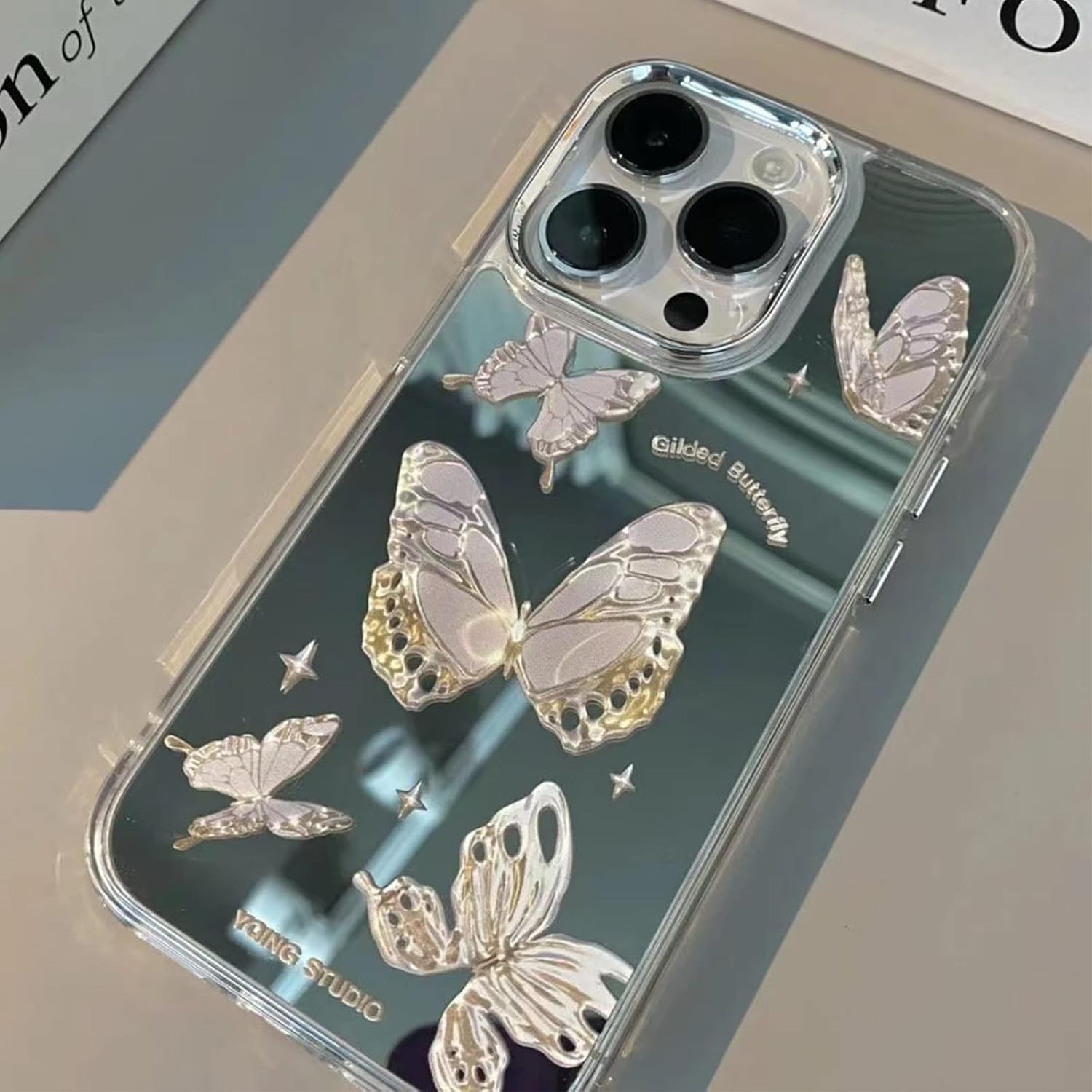 Diseño para iPhone 11 Pro Max – Funda con espejo brillante de mariposa láser, linda impresión suave, delgada, ultrafina, transparente, espejo de