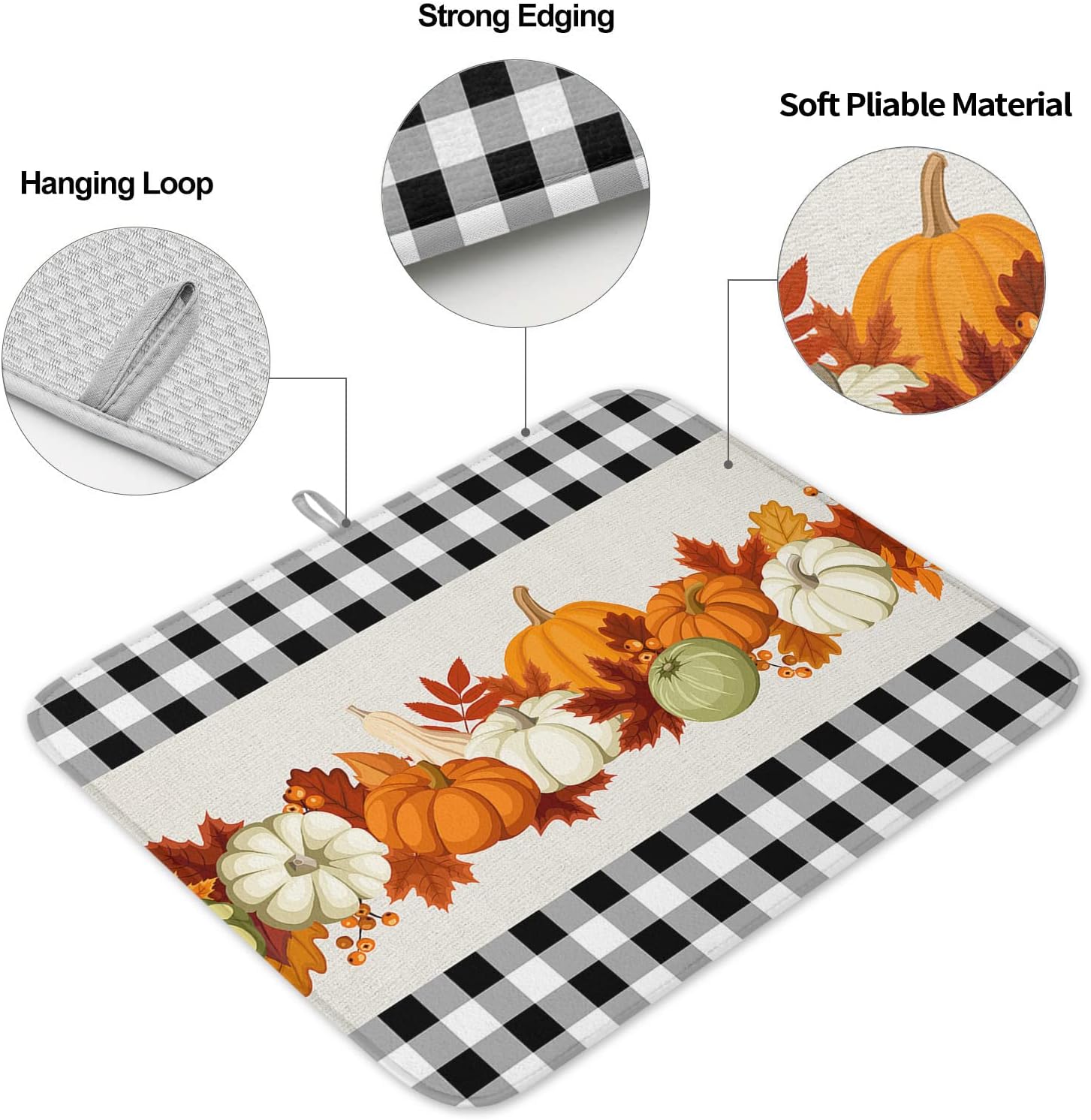 Alfombrillas de secado de platos de calabazas de otoño para encimera de cocina, 2 piezas, búfalo a cuadros negros y blancos absorbentes de