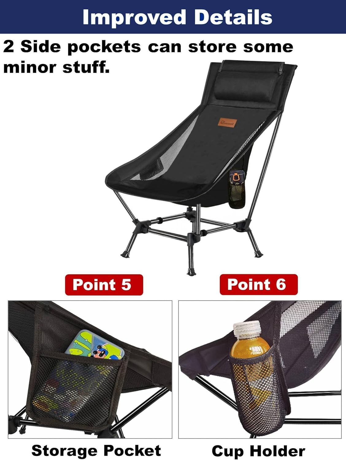 DRAXDOG Silla de camping, silla compacta de 2 vías, silla plegable portátil, silla de playa con bolsillo lateral, silla de senderismo ligera ZGST-CS