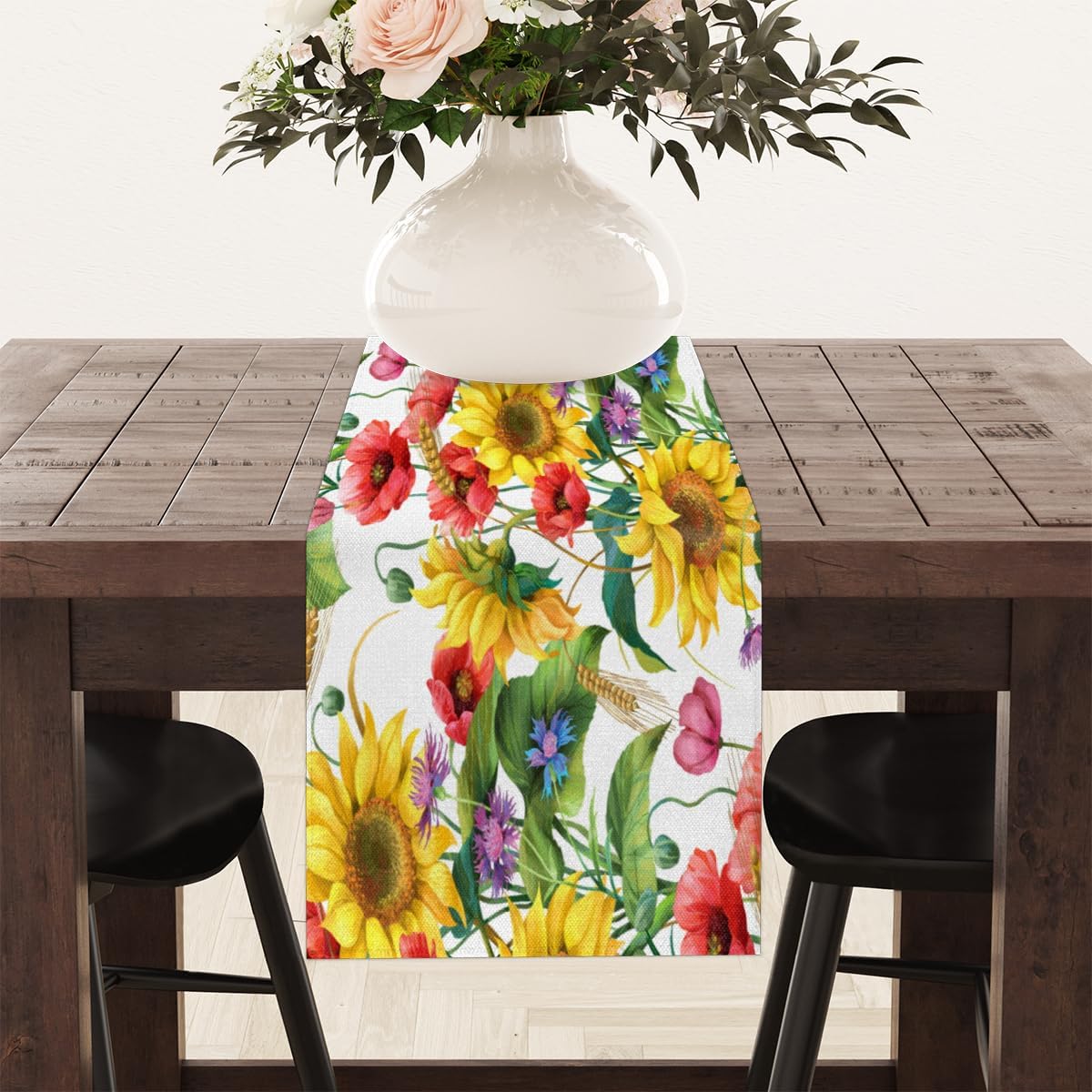 Table Runner Sunflowers Flowers, Autumn Rustic Linen Table Cloth Kitchen Dining Table Decor for Home Party 13 x 72 Inches