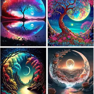 Paquete de 4 pinturas por números para adultos principiantes  Mountain Moon Starry Lake kits de pintura por números para adultos en paisajes para Paquete de 4 pinturas por números para adultos principiantes  Mountain Moon Starry Lake kits de pintura por números para adultos en paisajes para