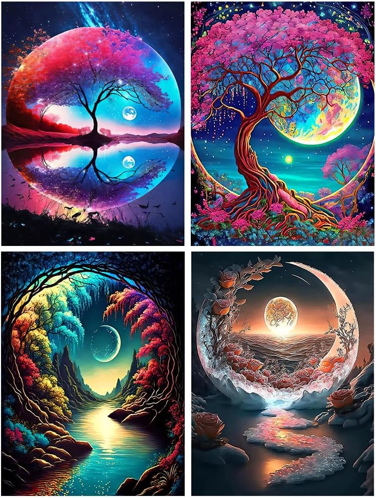 Paquete de 4 pinturas por números para adultos principiantes  Mountain Moon Starry Lake kits de pintura por números para adultos en paisajes para