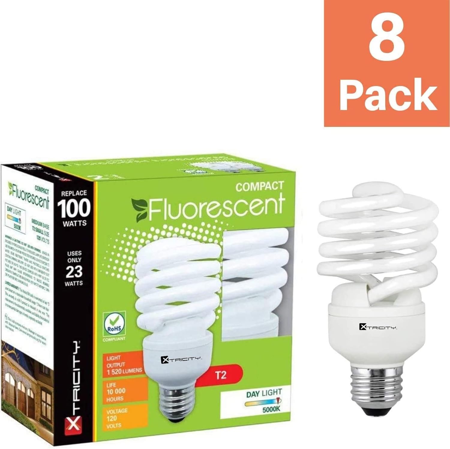 Xtricity Bombilla fluorescente compacta T2 espiral CFL, luz diurna de 5000 K, 23 W (equivalente a 100 vatios), 1520 lúmenes, base media E26, 120 V,
