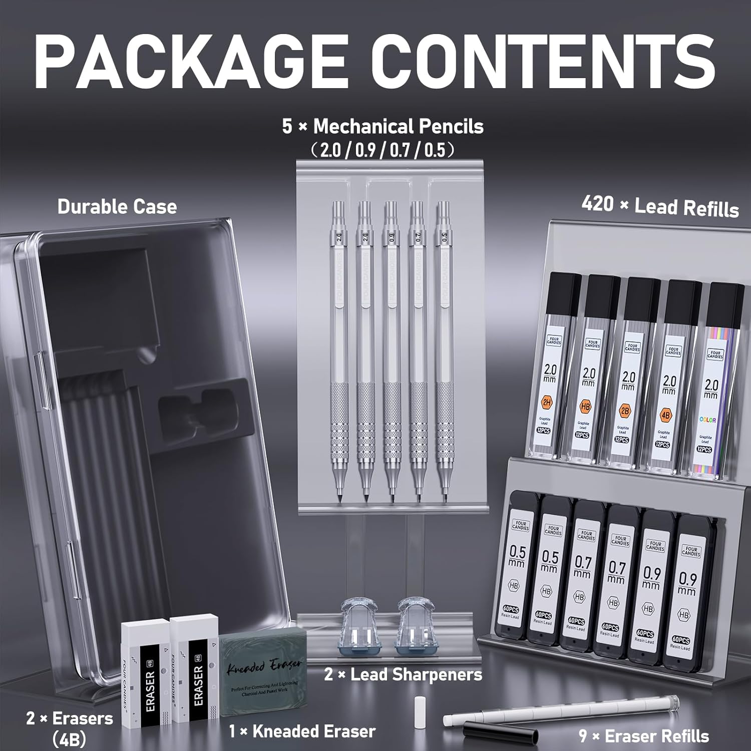 Four Candies Metal Mechanical Pencil Set, 3PCS Art Drafting Pencils 0.5, 0.7, 0.9MM & 2PCS 2MM Mechanical Drawing Pencils with 420PCS Leads (4B 2B