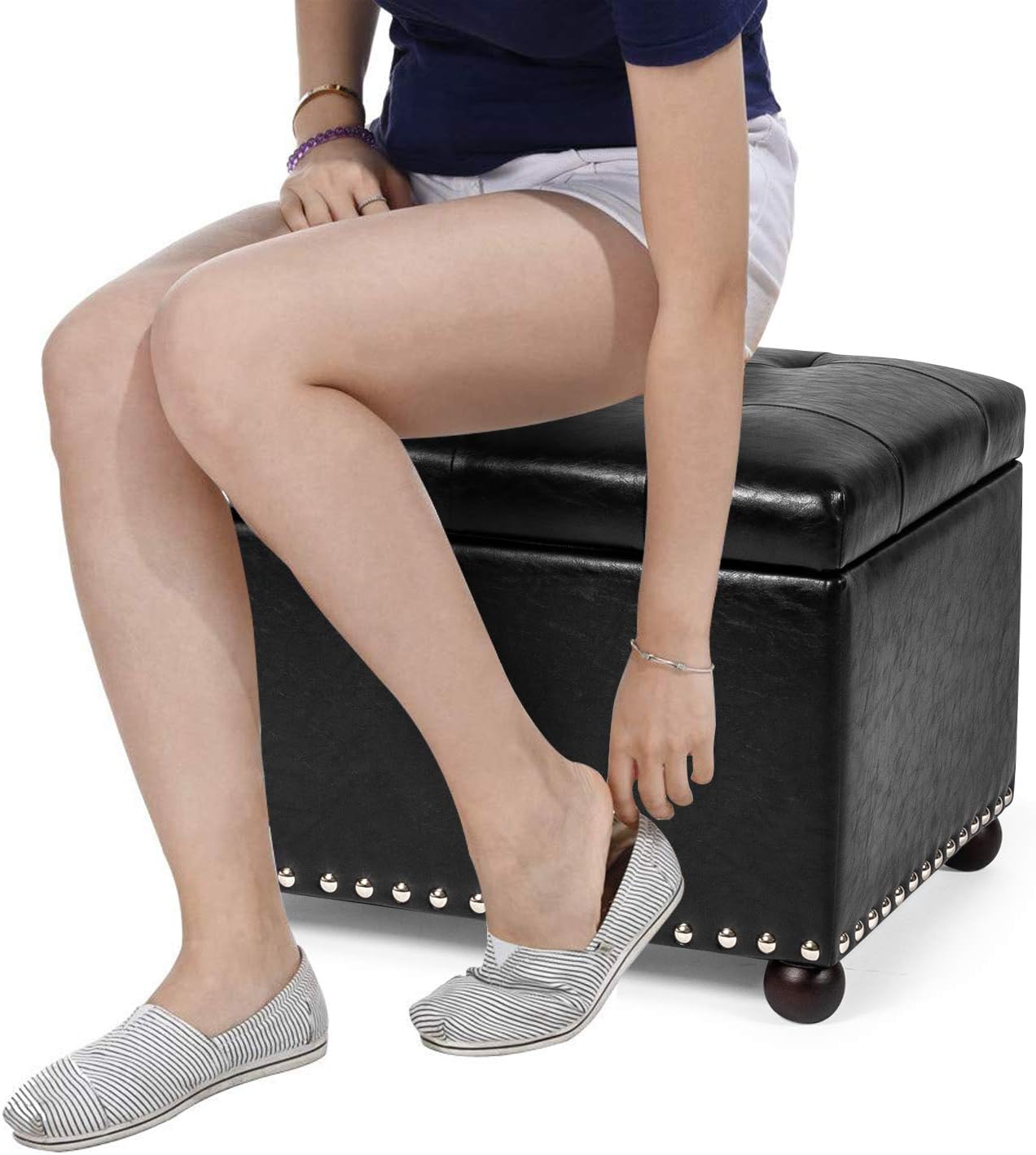 Joveco Otomana rectangular de almacenamiento, banco de almacenamiento de piel sintética con tapa elevable, mesa auxiliar, reposapiés para sala de