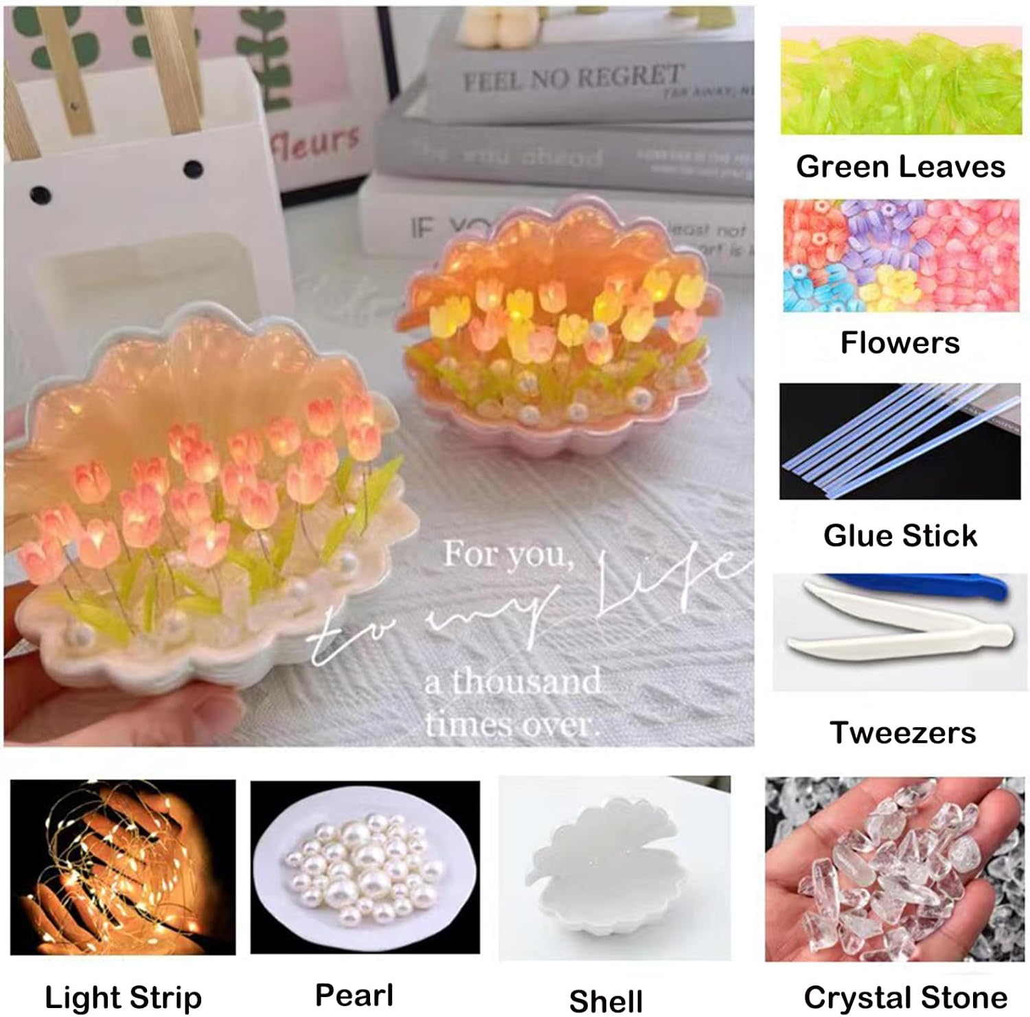 Luz nocturna de tulipán, lámpara de mesa de concha de 20 flores, 2 en 1, LED portátil hecha a mano, decoración de dormitorio, regalo creativo para